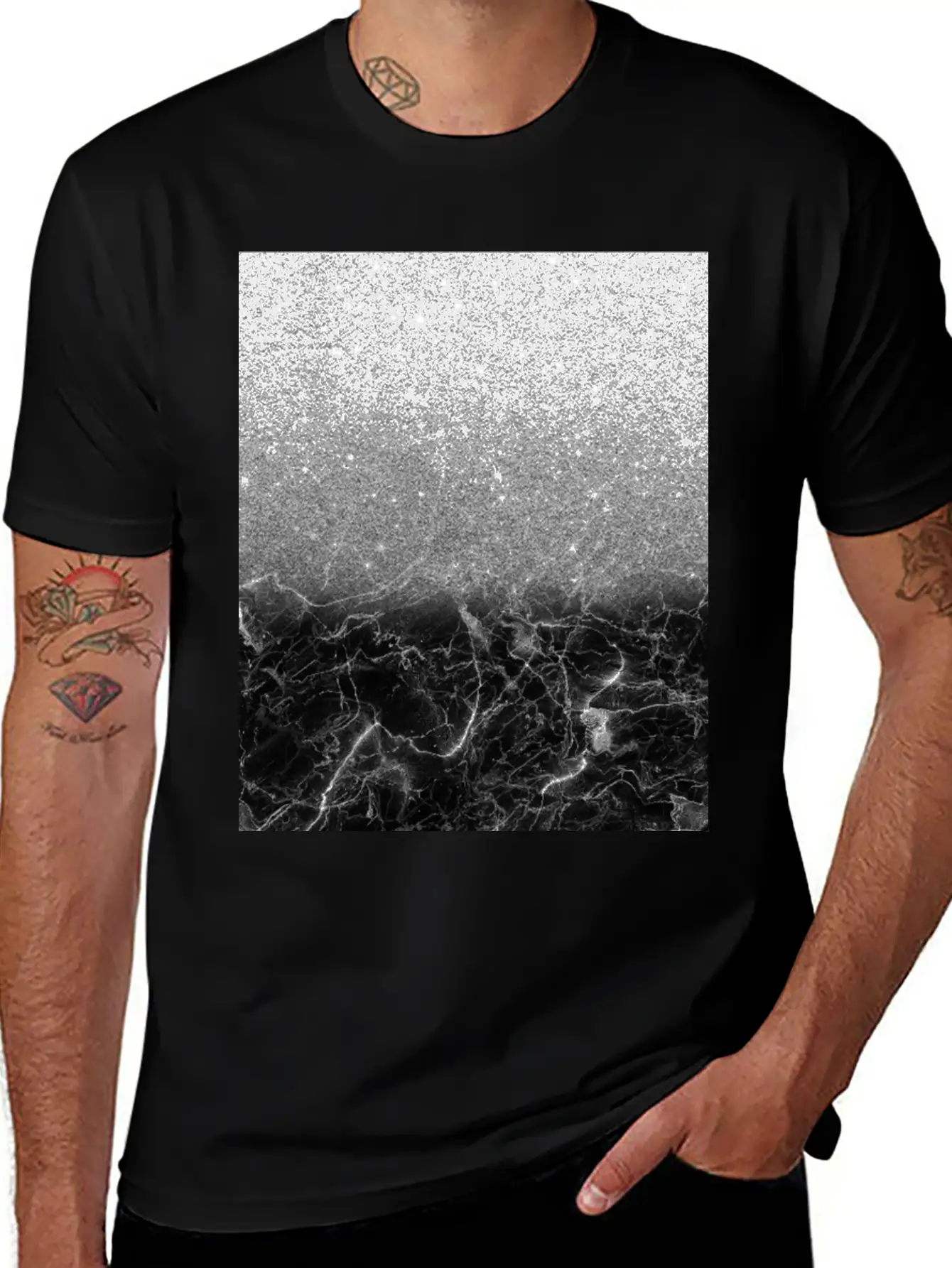 Black Marble And Silver Ombre Glitter Breathable Soft Cotton T-Shirt – Timeless Casual Look