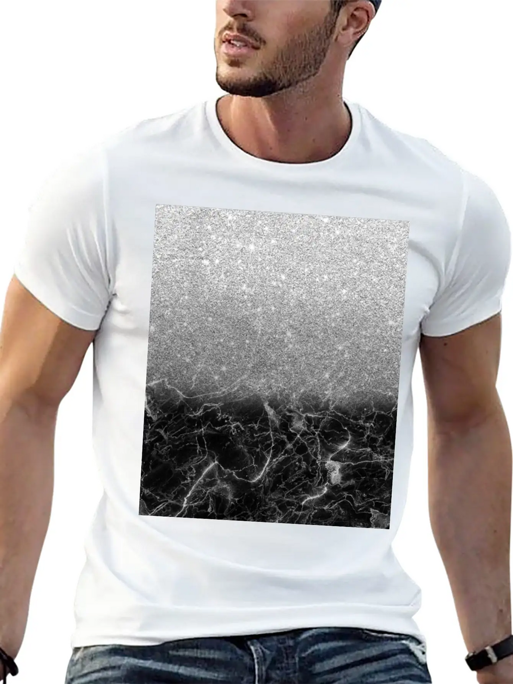 Black Marble And Silver Ombre Glitter Breathable Soft Cotton T-Shirt – Timeless Casual Look