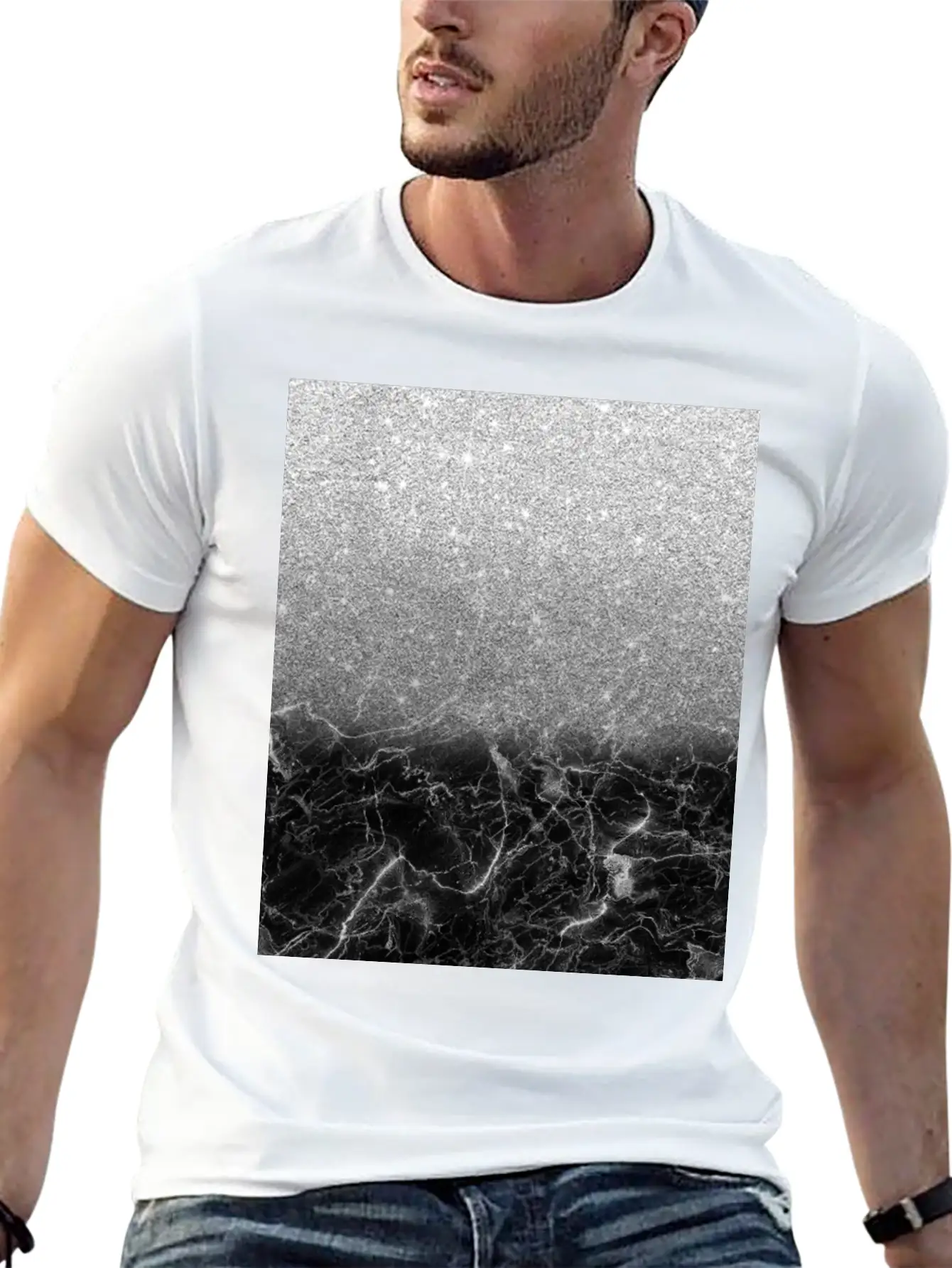 Black Marble And Silver Ombre Glitter Breathable Soft Cotton T-Shirt – Timeless Casual Look