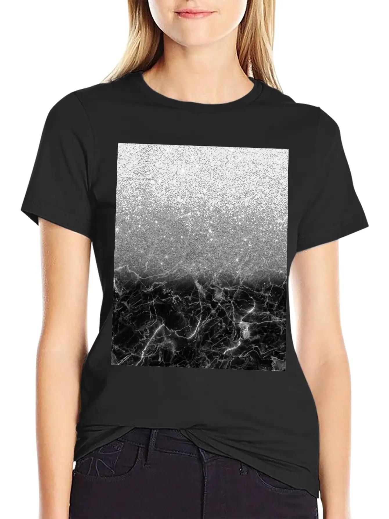 Black Marble And Silver Ombre Glitter Breathable Soft Cotton T-Shirt – Timeless Casual Look