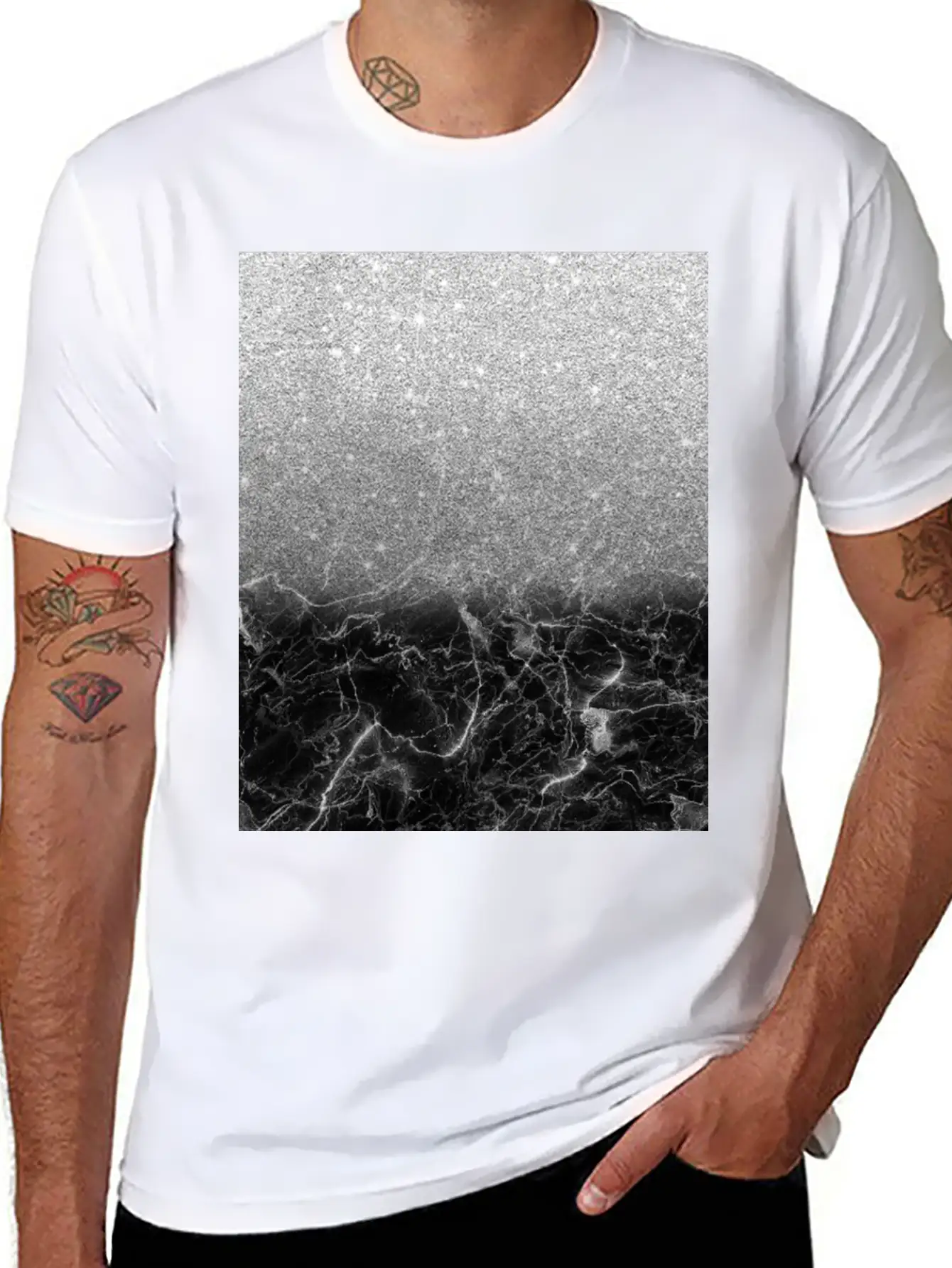 Black Marble And Silver Ombre Glitter Breathable Soft Cotton T-Shirt – Timeless Casual Look