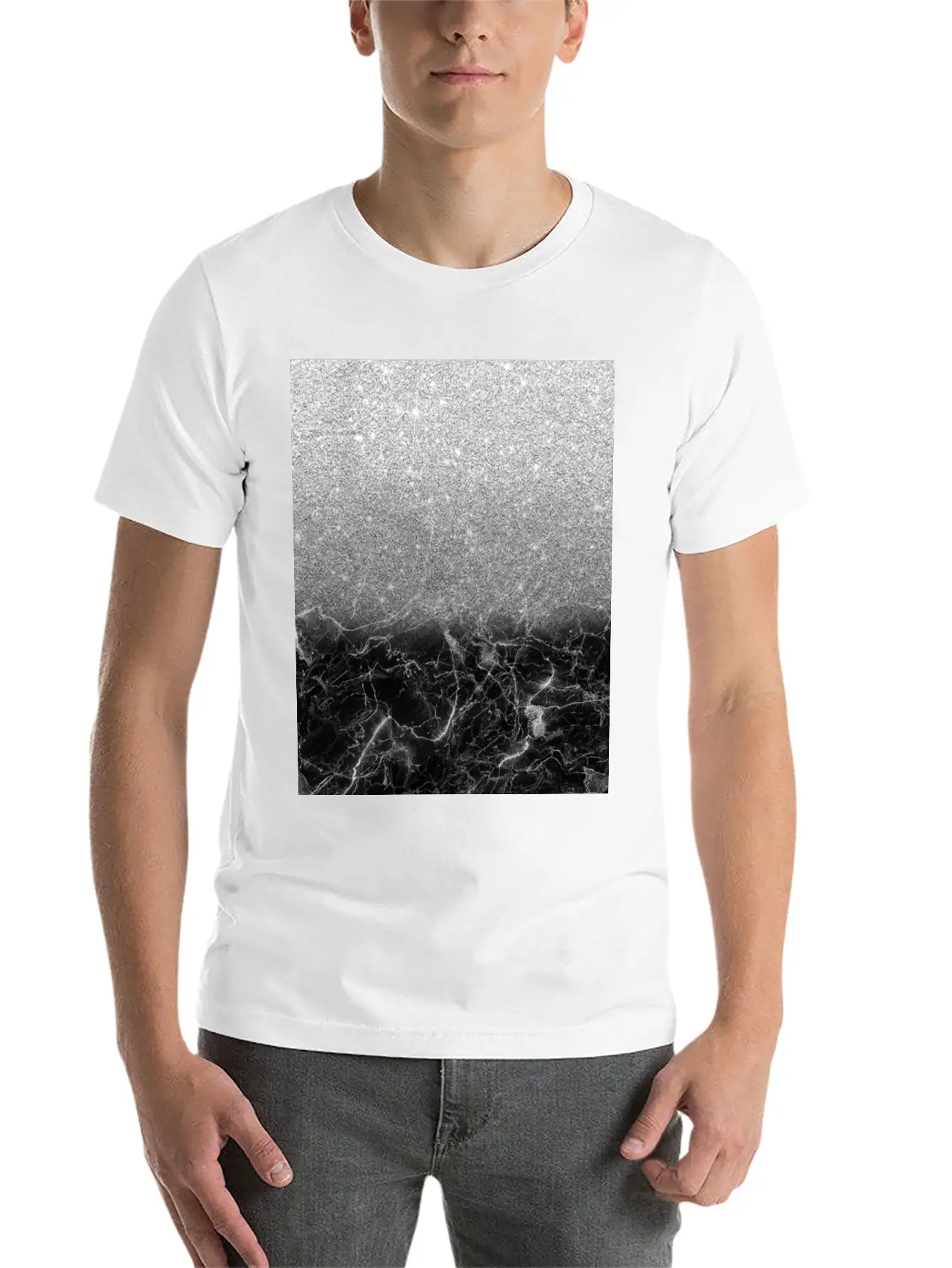 Black Marble And Silver Ombre Glitter Breathable Soft Cotton T-Shirt – Timeless Casual Look