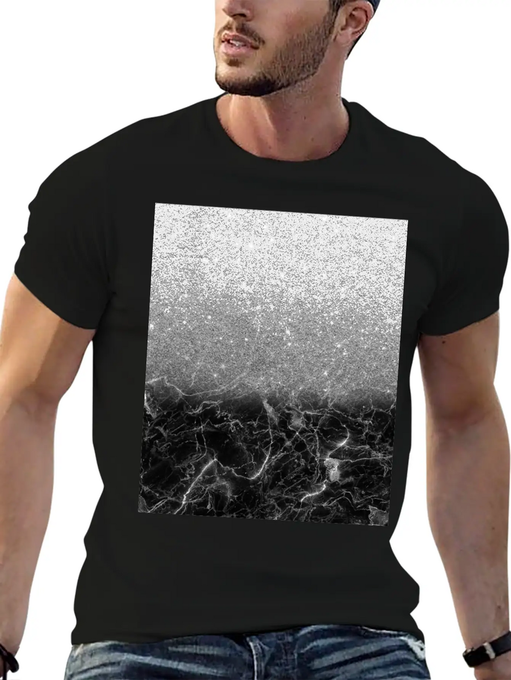Black Marble And Silver Ombre Glitter Breathable Soft Cotton T-Shirt – Timeless Casual Look