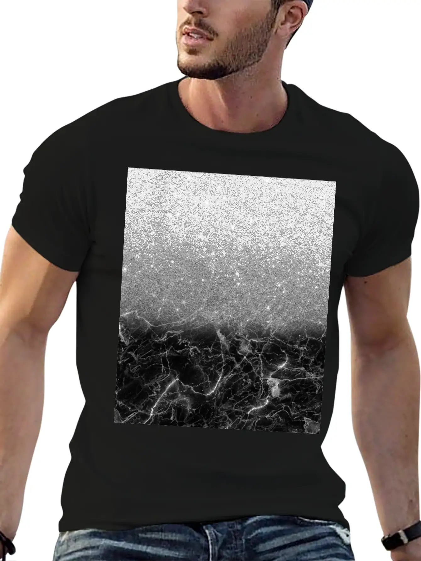 Black Marble And Silver Ombre Glitter Breathable Soft Cotton T-Shirt – Timeless Casual Look