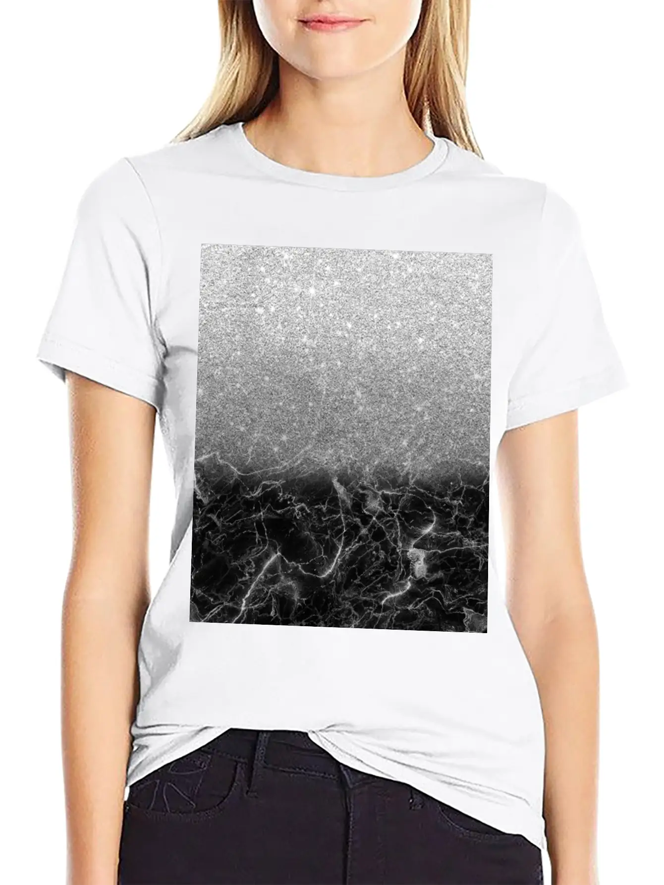 Black Marble And Silver Ombre Glitter Breathable Soft Cotton T-Shirt – Timeless Casual Look