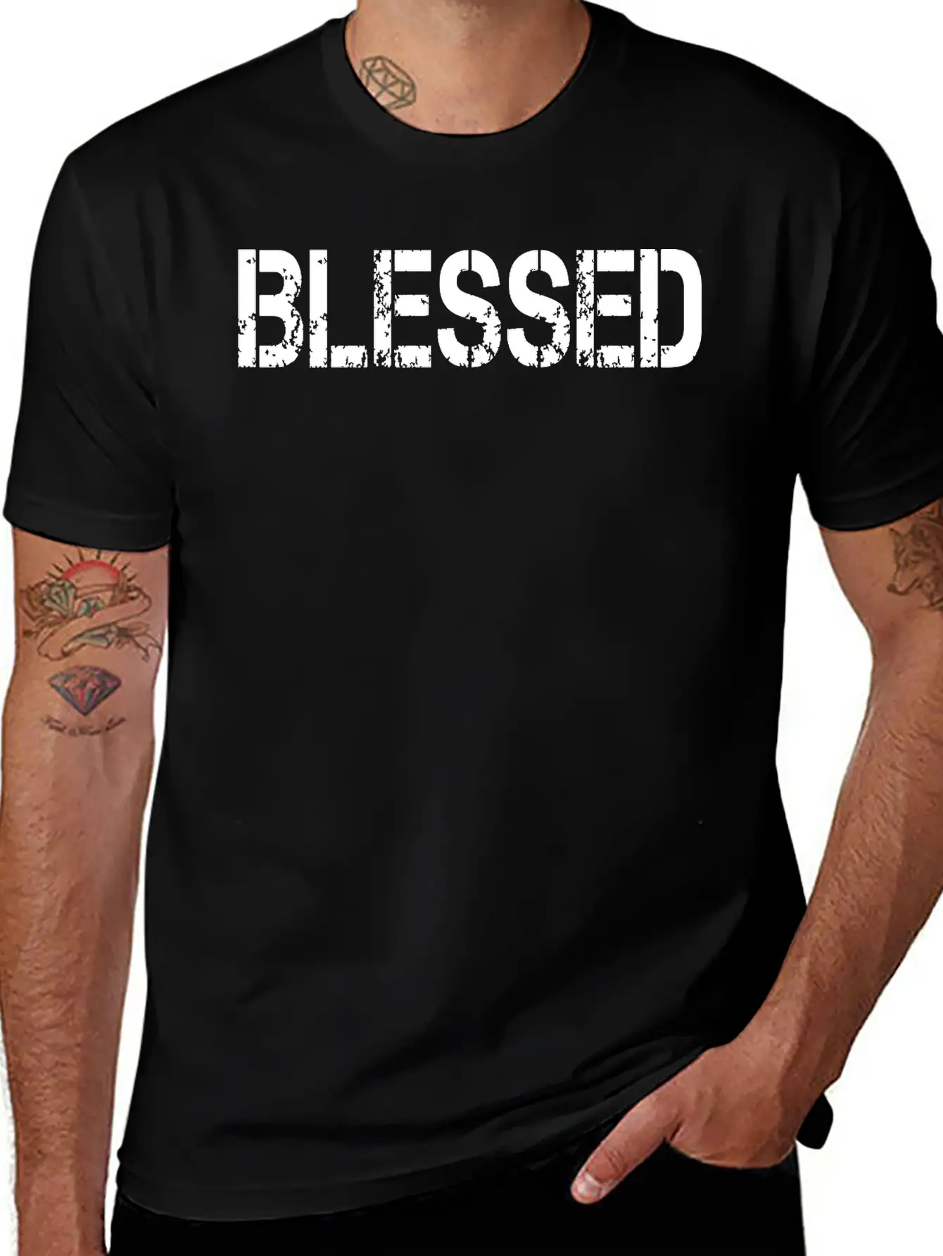 Blessed Grundge Stencil, Christian, Faith, Jesus Breathable Soft Cotton T-Shirt – Timeless Casual Look