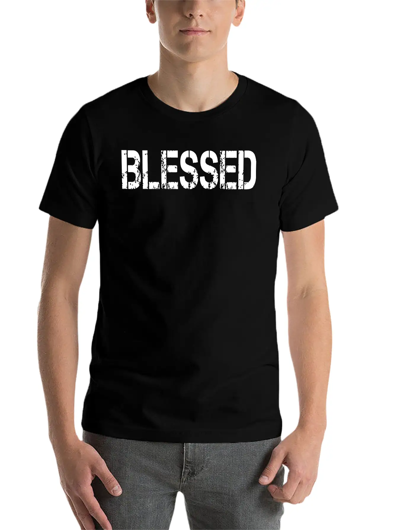 Blessed Grundge Stencil, Christian, Faith, Jesus Breathable Soft Cotton T-Shirt – Timeless Casual Look