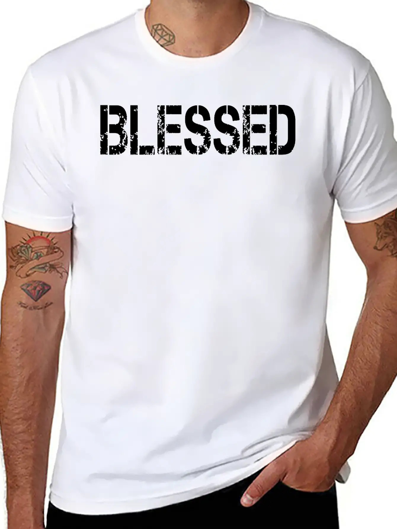 Blessed Grundge Stencil, Christian, Faith, Jesus Breathable Soft Cotton T-Shirt – Timeless Casual Look