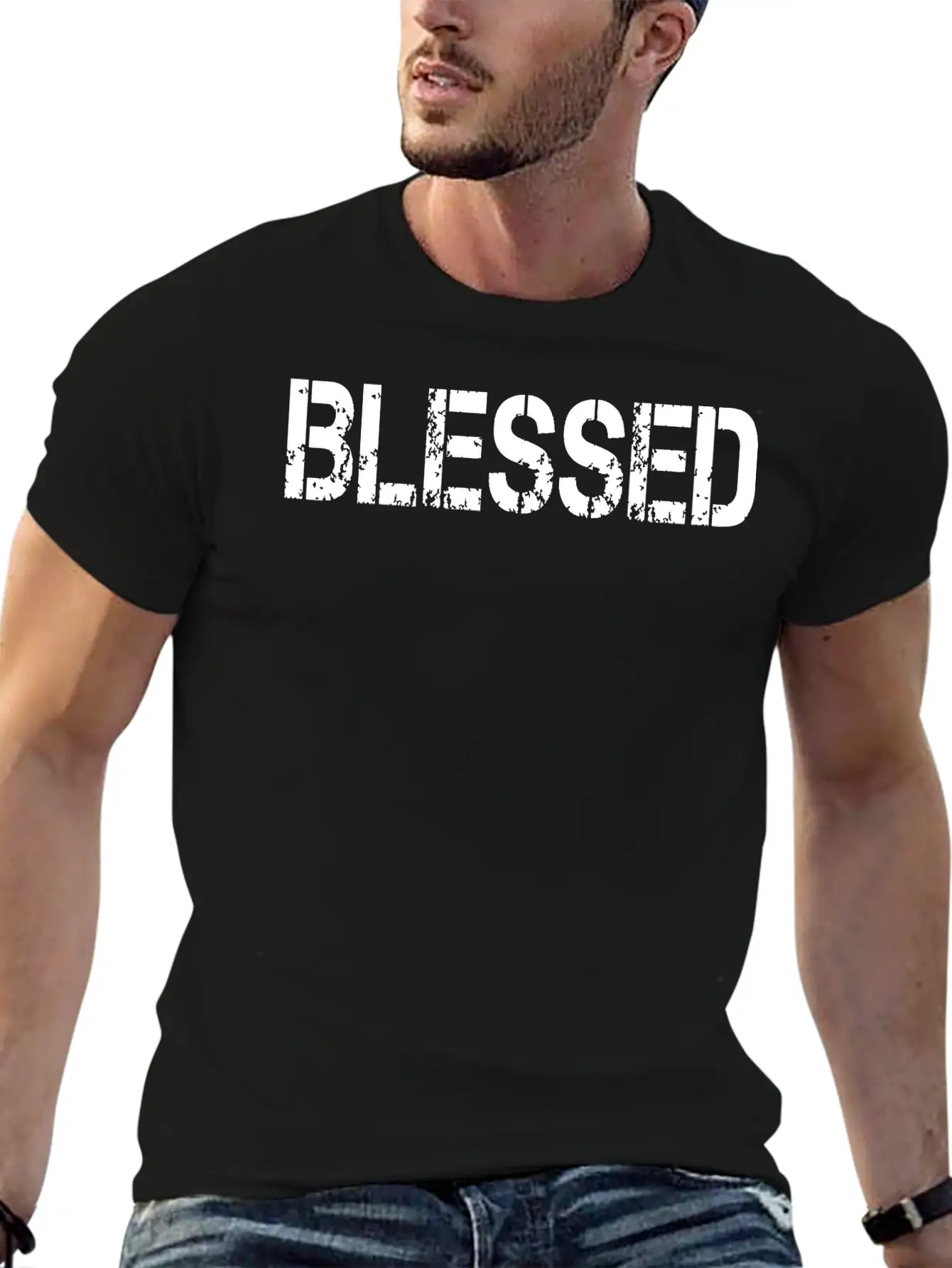 Blessed Grundge Stencil, Christian, Faith, Jesus Breathable Soft Cotton T-Shirt – Timeless Casual Look