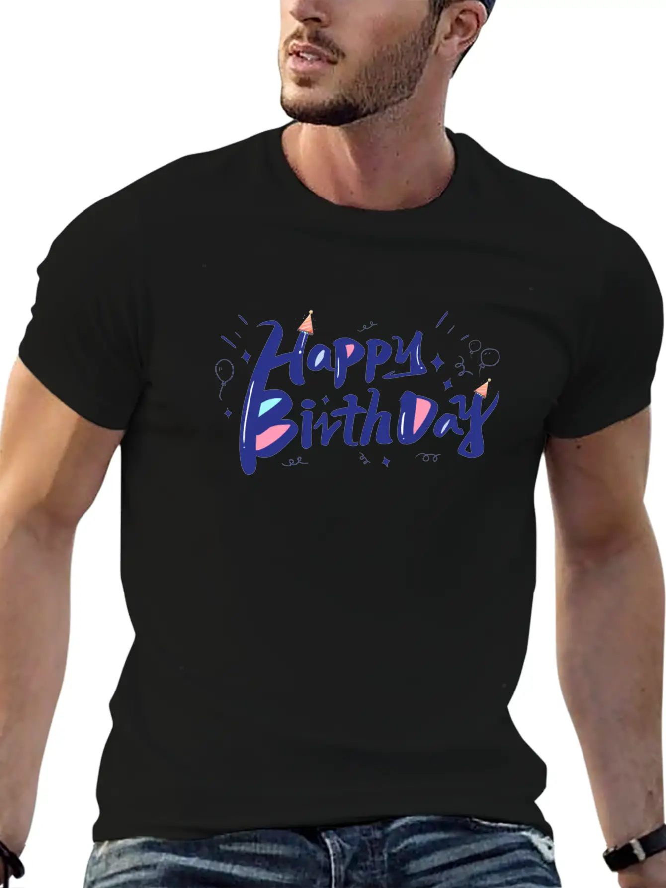 Blue Designer-look Happy Birthday Decoration Home Classic Cotton Tee – Unisex Comfort For Any Season