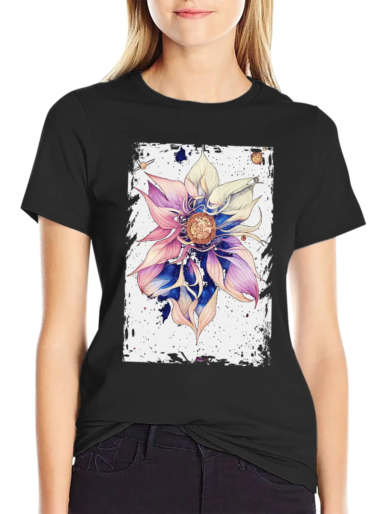 Bohemian Flower Floral Space Illustration Boho Breathable Graphic T-Shirt – Perfect For Casual Days