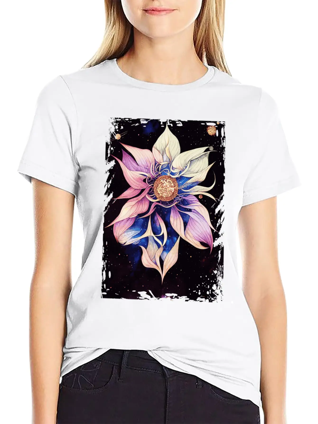 Bohemian Flower Floral Space Illustration Boho Breathable Graphic T-Shirt – Perfect For Casual Days