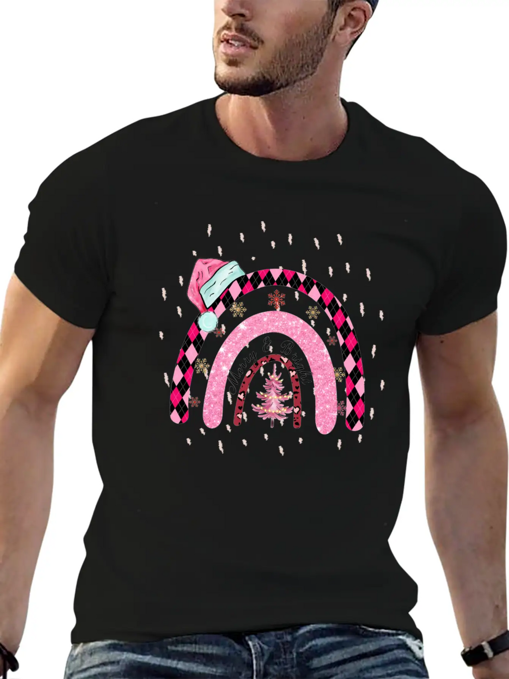 Boho Rainbow Merry Christmas Stylish Everyday T-Shirt – Unisex Basic Cotton Tee