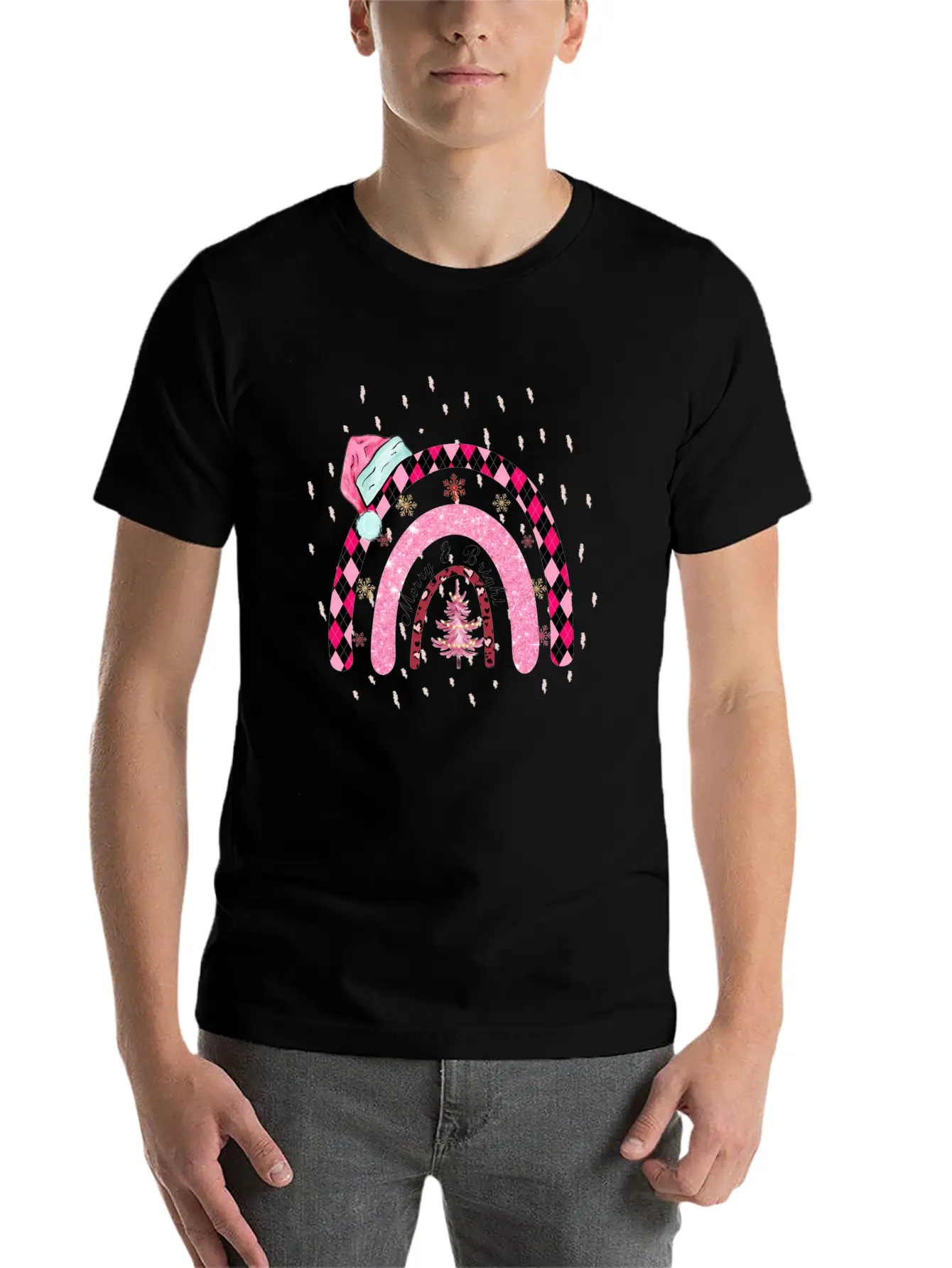 Boho Rainbow Merry Christmas Stylish Everyday T-Shirt – Unisex Basic Cotton Tee