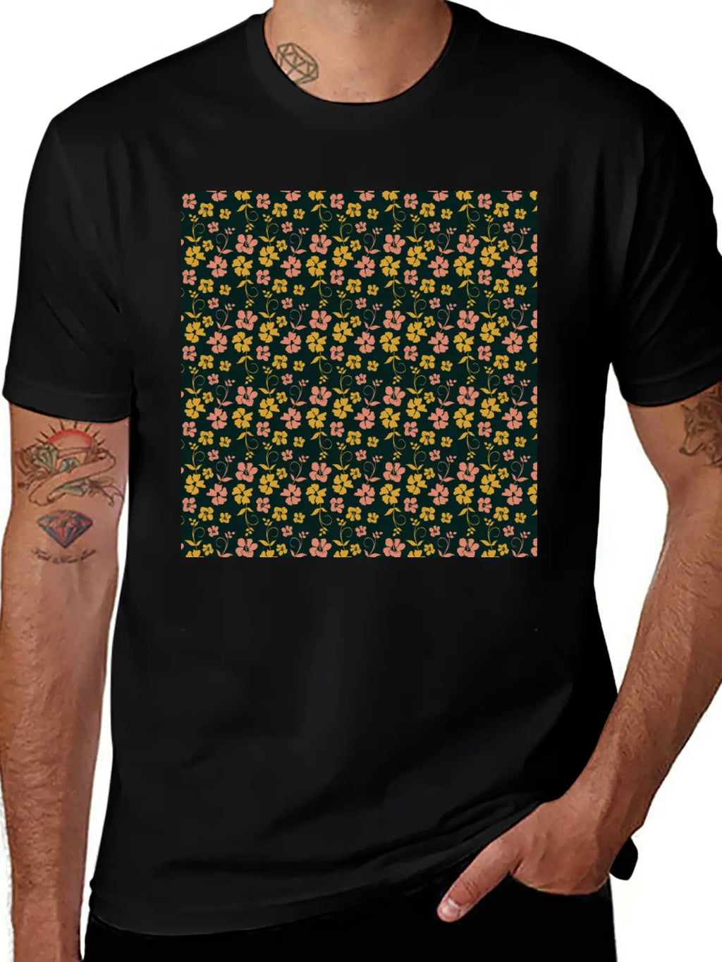 Botanic Floral Pattern Pink Yellow Pastel Relaxed Everyday Tee – Lightweight And Durable Cotton