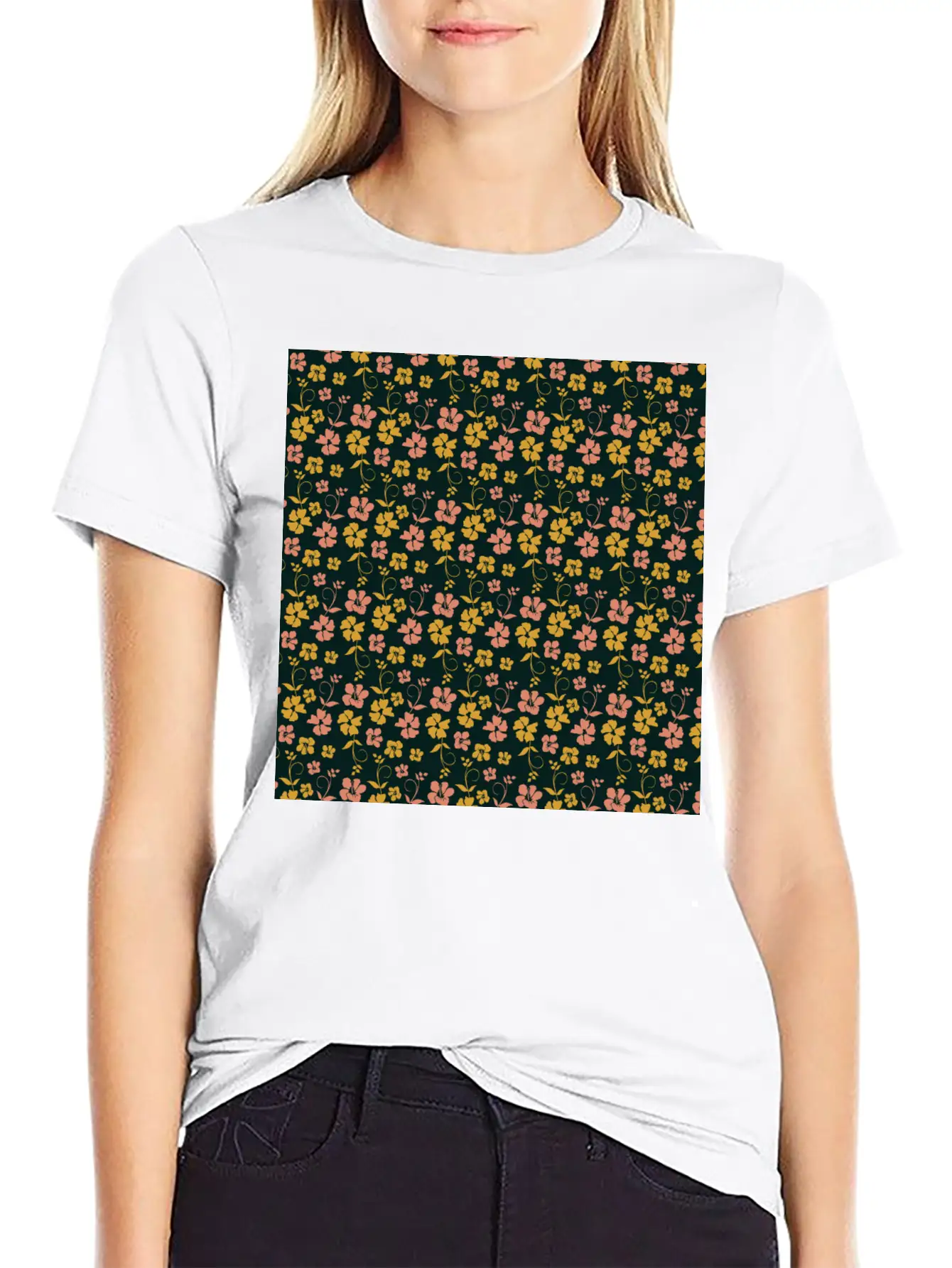 Botanic Floral Pattern Pink Yellow Pastel Relaxed Everyday Tee – Lightweight And Durable Cotton