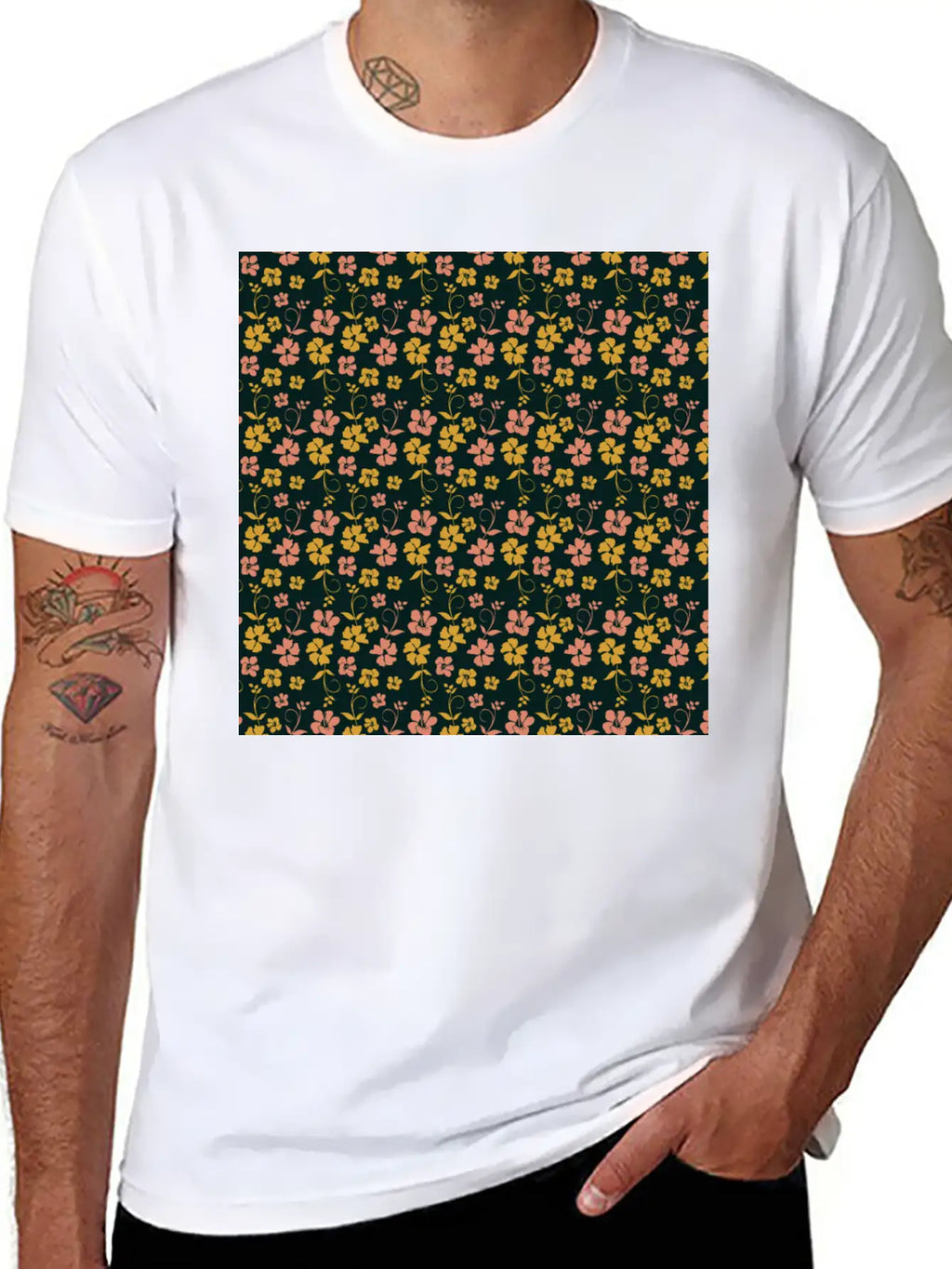 Botanic Floral Pattern Pink Yellow Pastel Relaxed Everyday Tee – Lightweight And Durable Cotton
