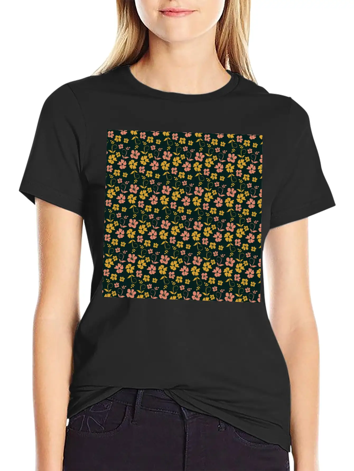 Botanic Floral Pattern Pink Yellow Pastel Relaxed Everyday Tee – Lightweight And Durable Cotton