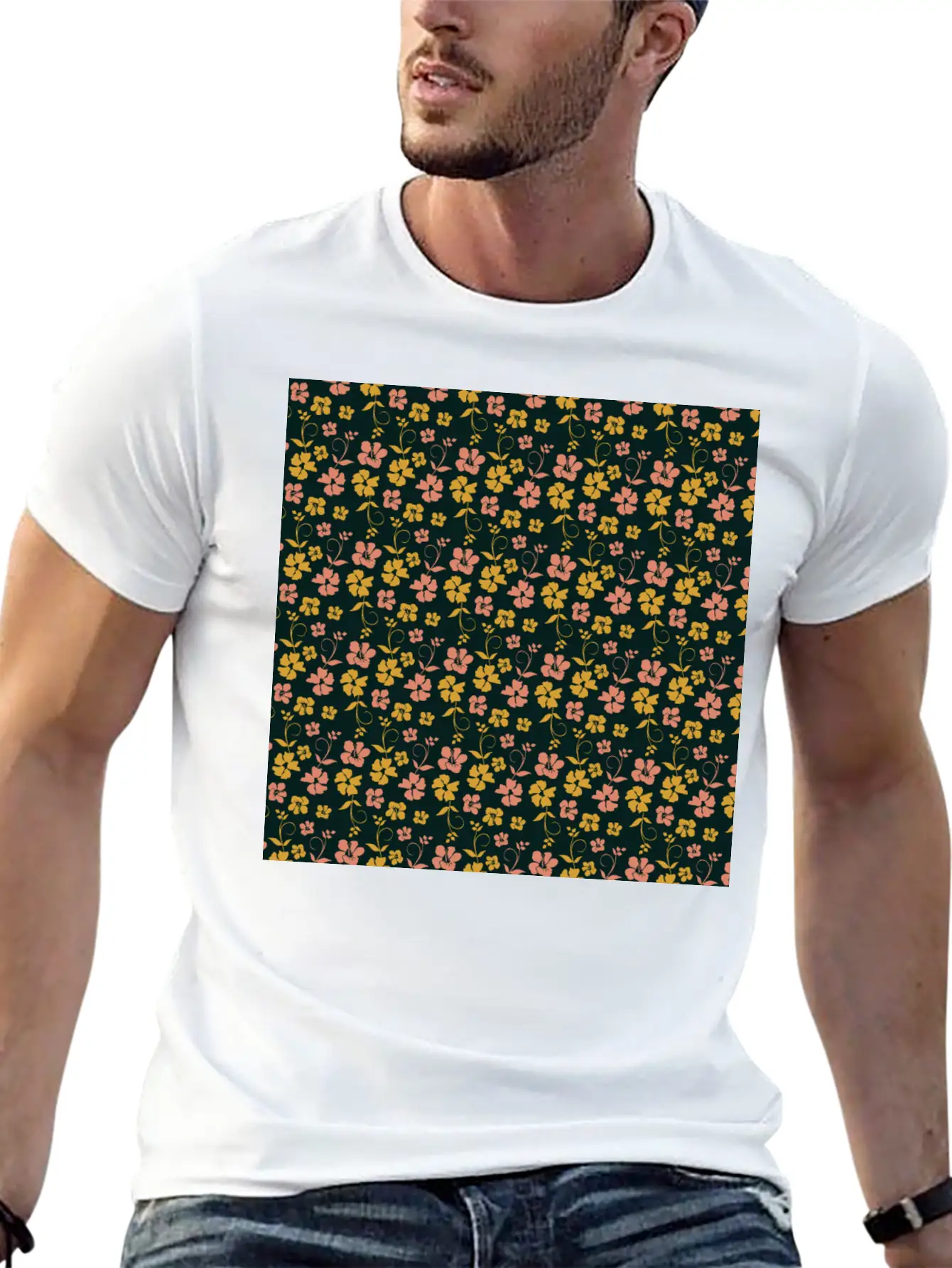 Botanic Floral Pattern Pink Yellow Pastel Relaxed Everyday Tee – Lightweight And Durable Cotton