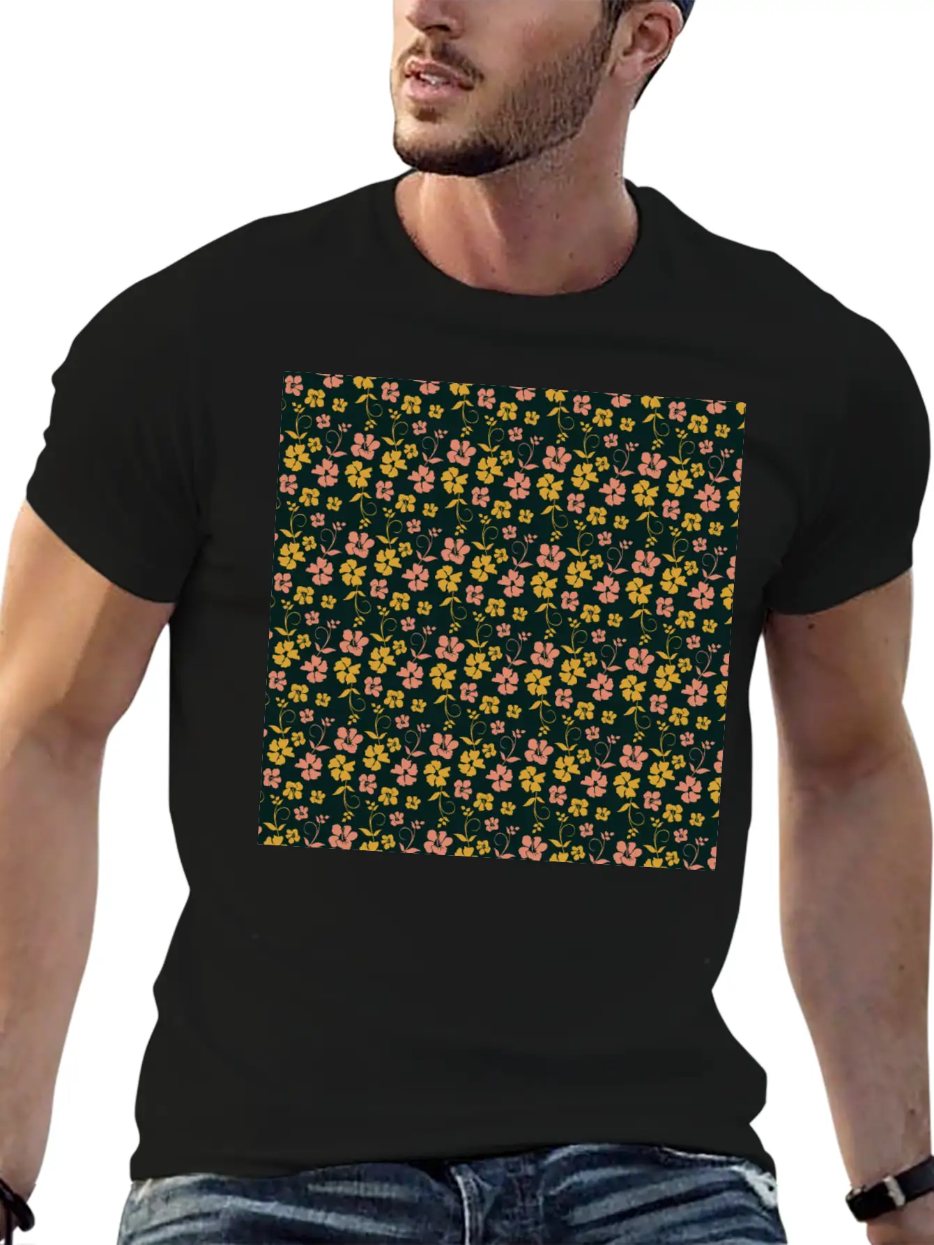 Botanic Floral Pattern Pink Yellow Pastel Relaxed Everyday Tee – Lightweight And Durable Cotton