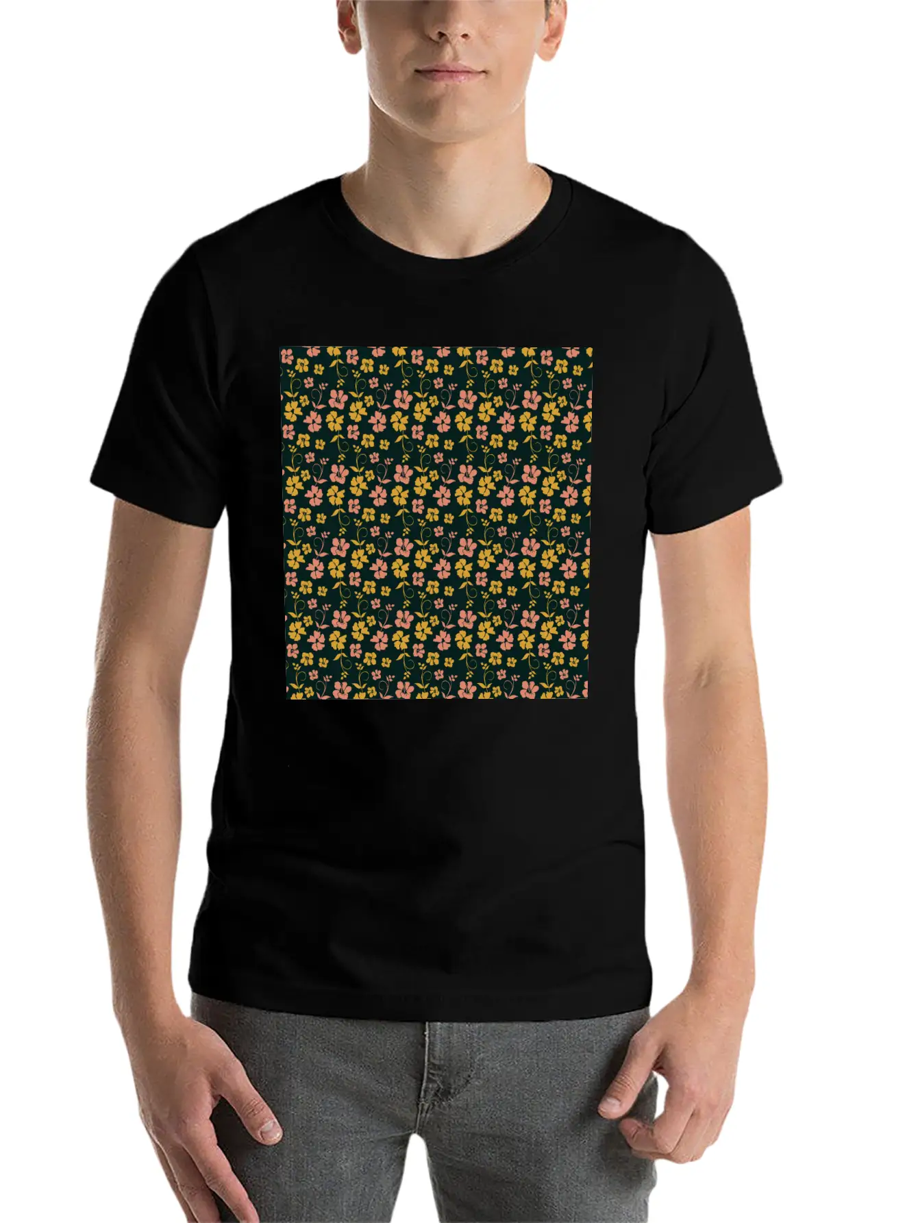 Botanic Floral Pattern Pink Yellow Pastel Relaxed Everyday Tee – Lightweight And Durable Cotton