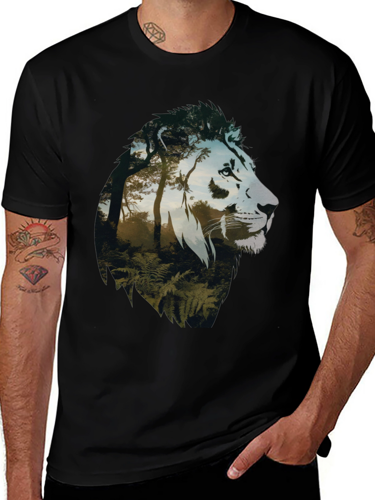 Lion Forest Graphic Tee - Nature Inspired Mens T-Shirt