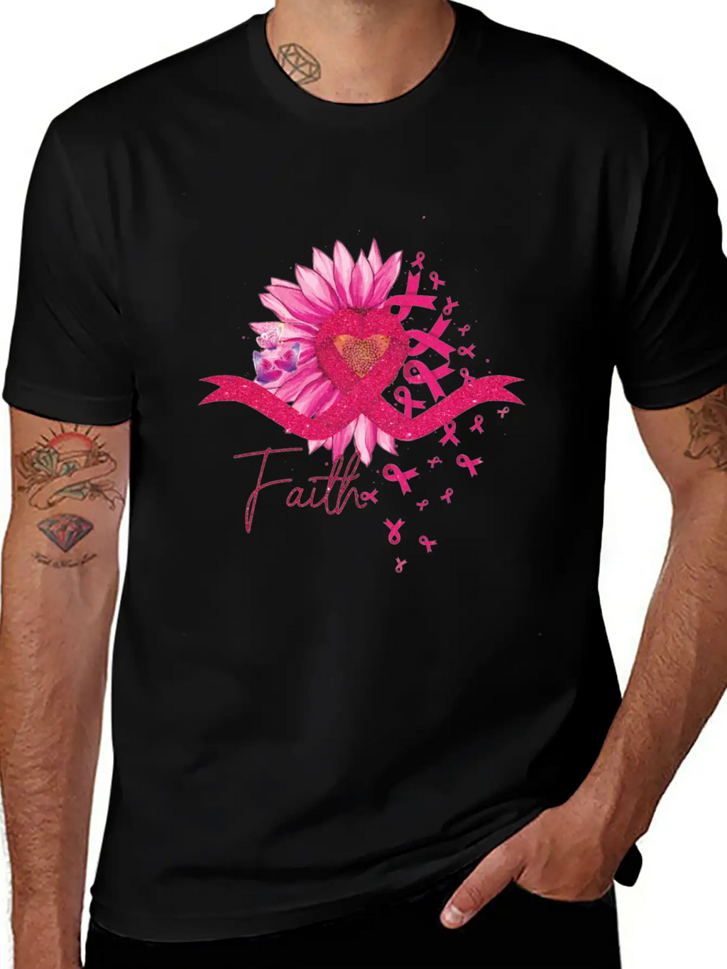 Breast Cancer Awareness Sun Flower Heart Rinbbon Breathable Soft Cotton T-Shirt – Timeless Casual Look