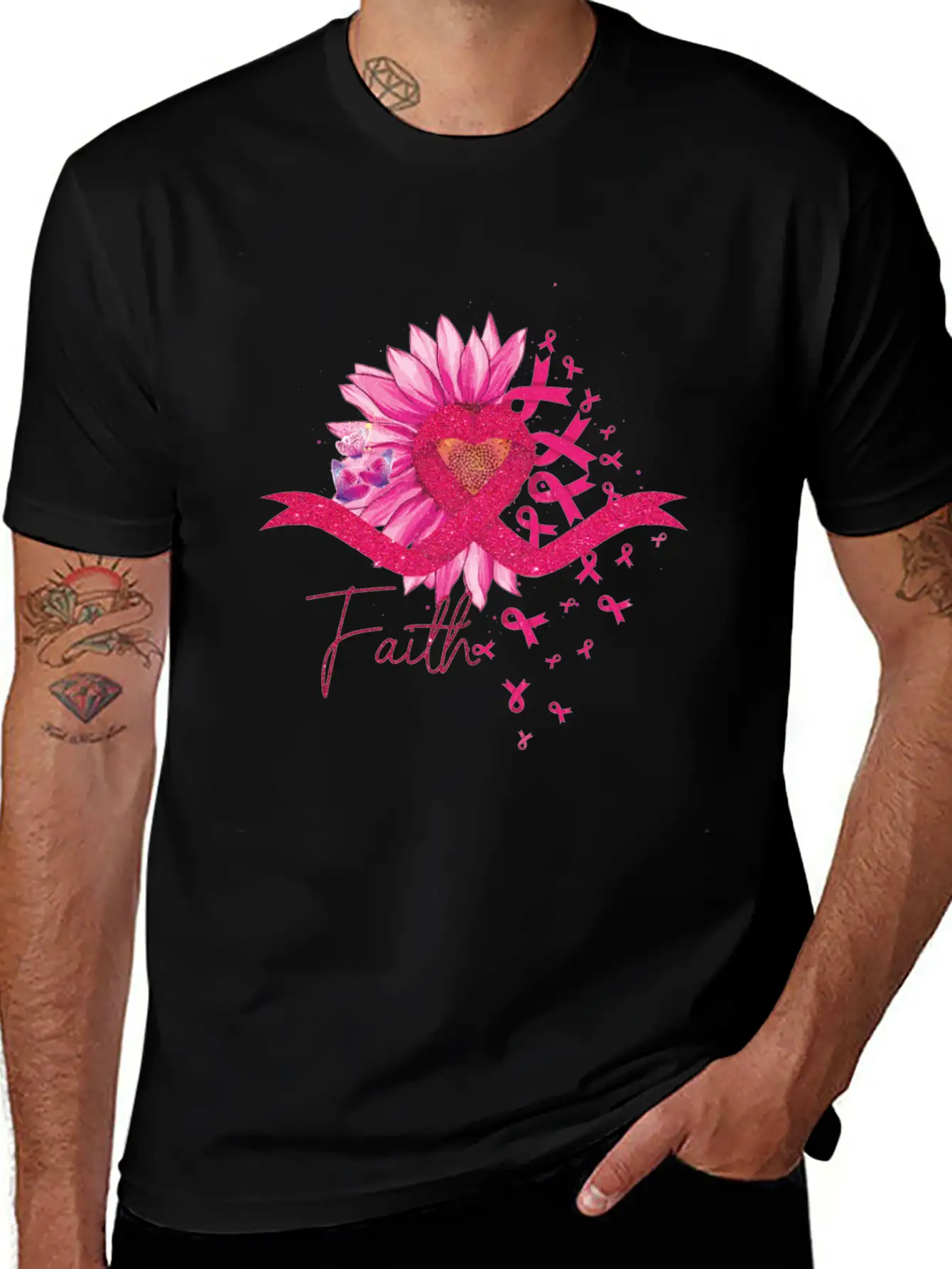 Breast Cancer Awareness Sun Flower Heart Rinbbon Breathable Soft Cotton T-Shirt – Timeless Casual Look