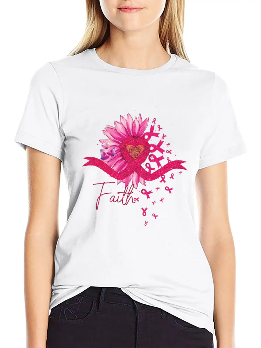 Breast Cancer Awareness Sun Flower Heart Rinbbon Breathable Soft Cotton T-Shirt – Timeless Casual Look