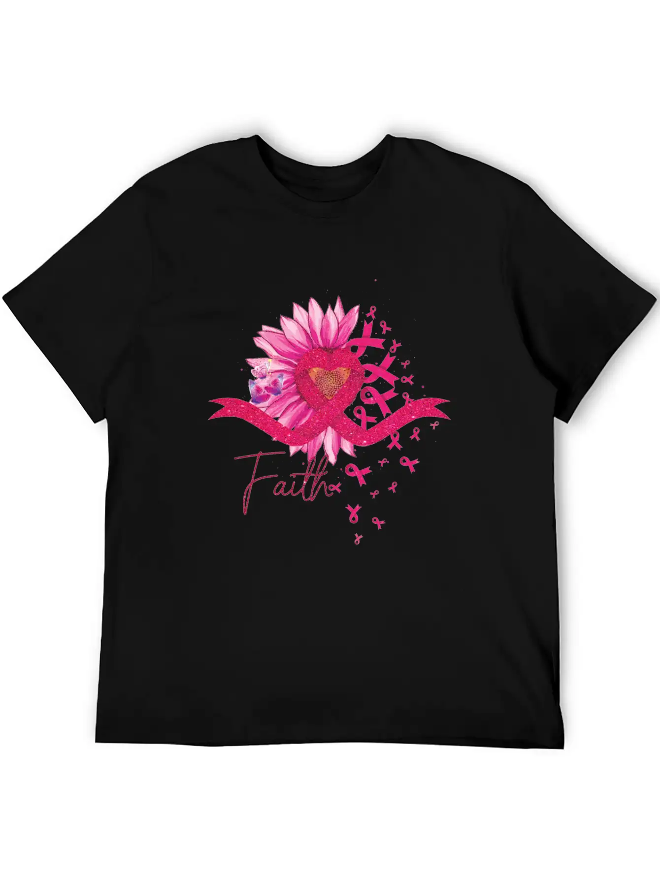 Breast Cancer Awareness Sun Flower Heart Rinbbon Breathable Soft Cotton T-Shirt – Timeless Casual Look