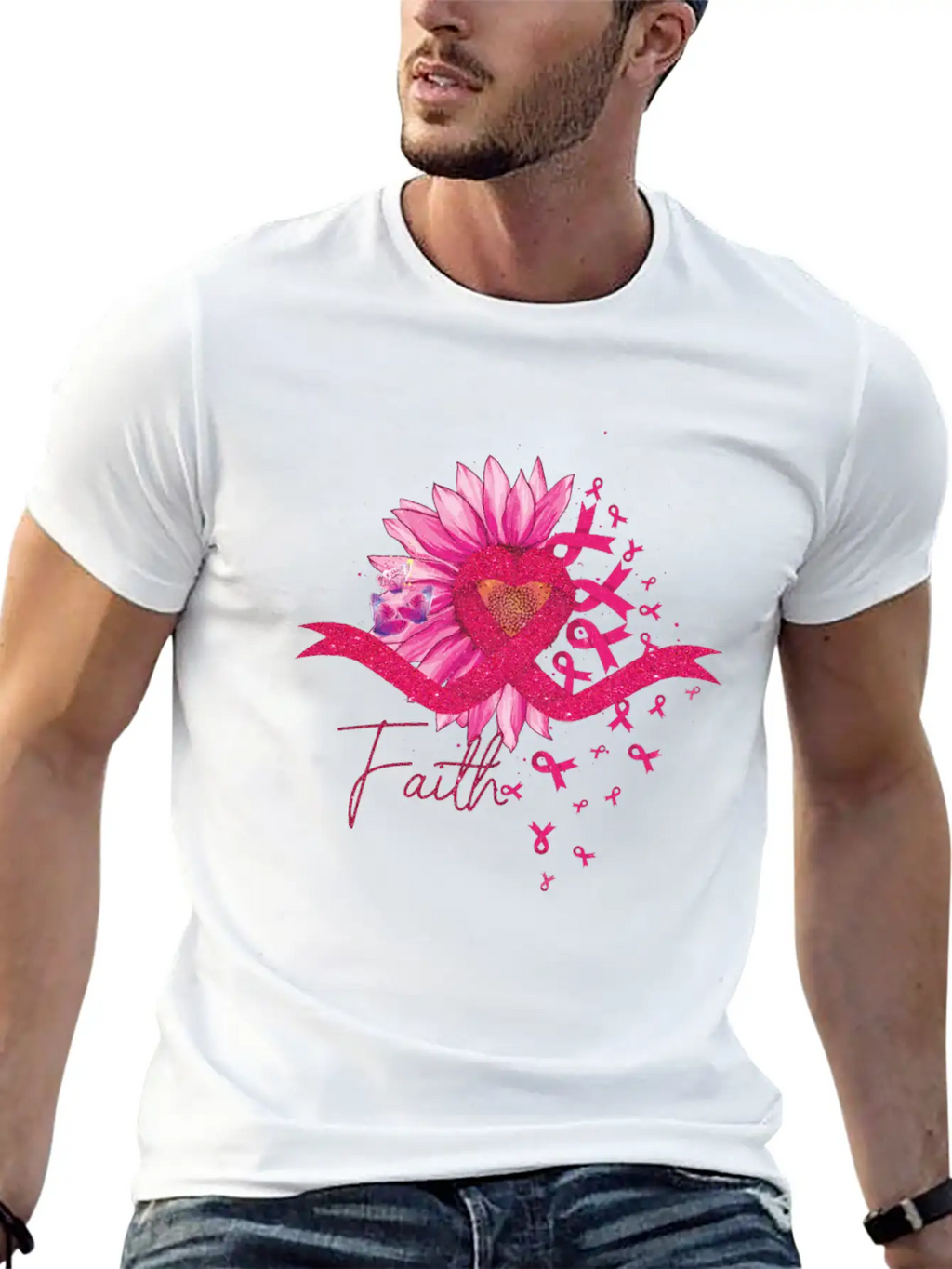 Breast Cancer Awareness Sun Flower Heart Rinbbon Breathable Soft Cotton T-Shirt – Timeless Casual Look