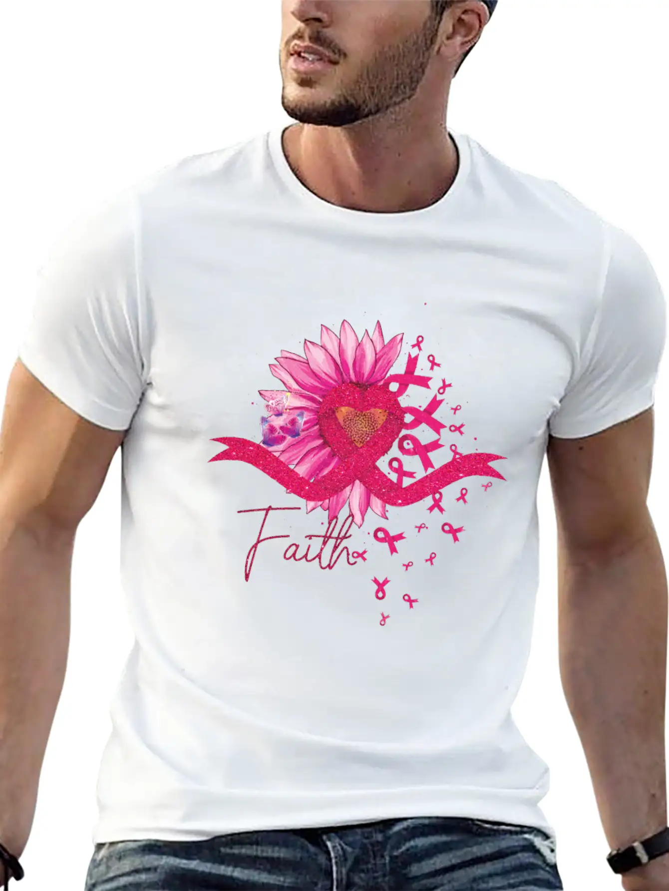 Breast Cancer Awareness Sun Flower Heart Rinbbon Breathable Soft Cotton T-Shirt – Timeless Casual Look