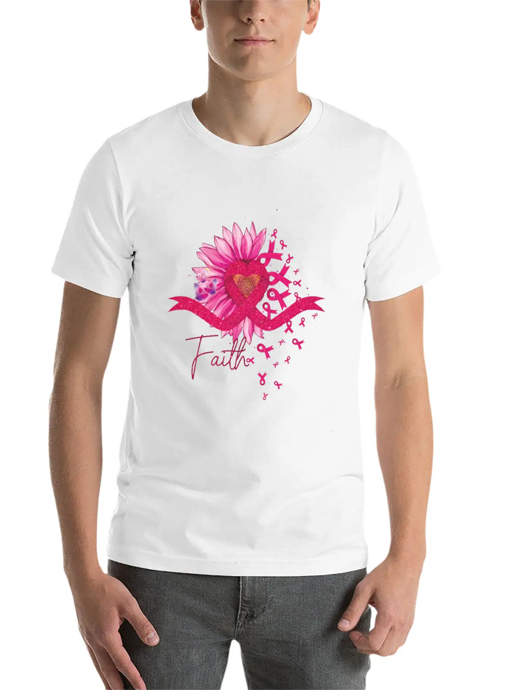 Breast Cancer Awareness Sun Flower Heart Rinbbon Breathable Soft Cotton T-Shirt – Timeless Casual Look