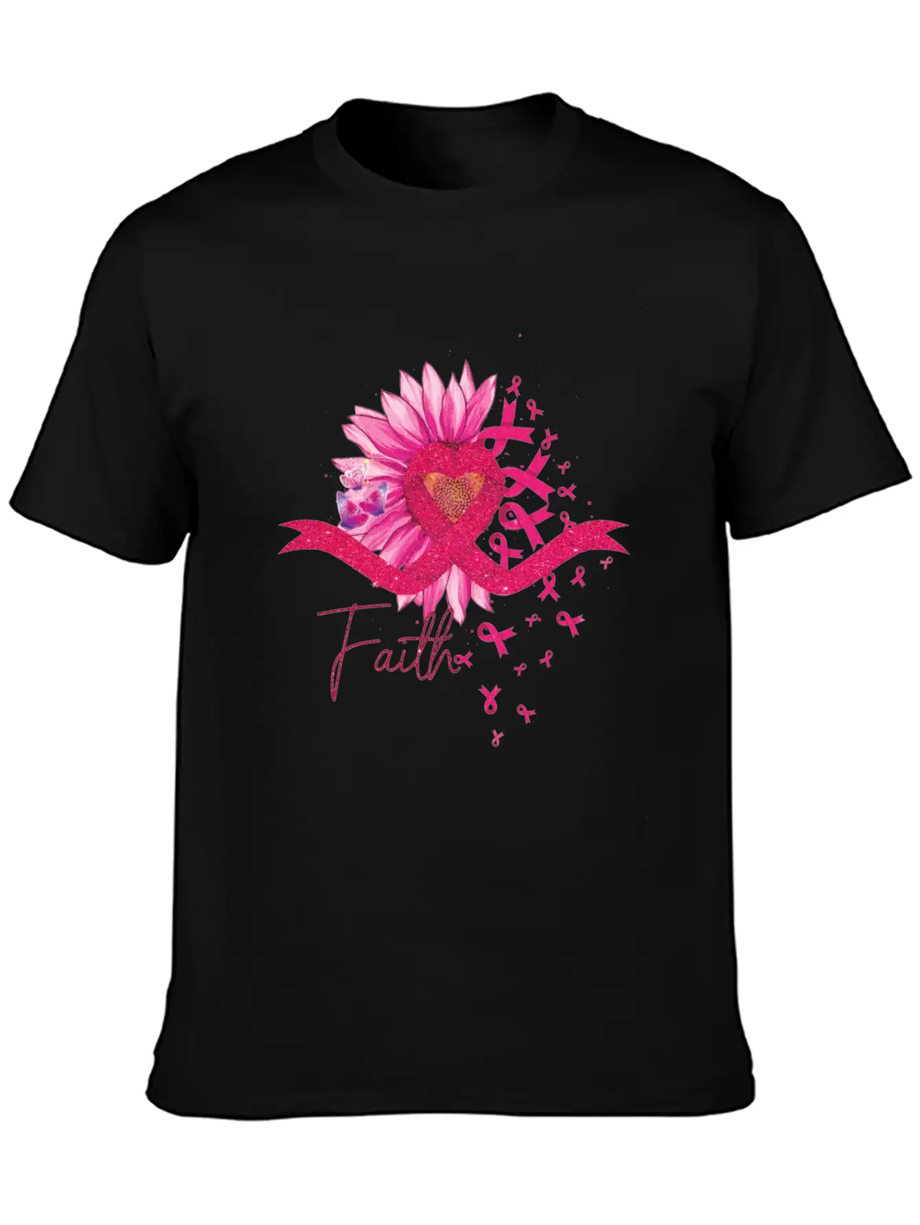 Breast Cancer Awareness Sun Flower Heart Rinbbon Breathable Soft Cotton T-Shirt – Timeless Casual Look