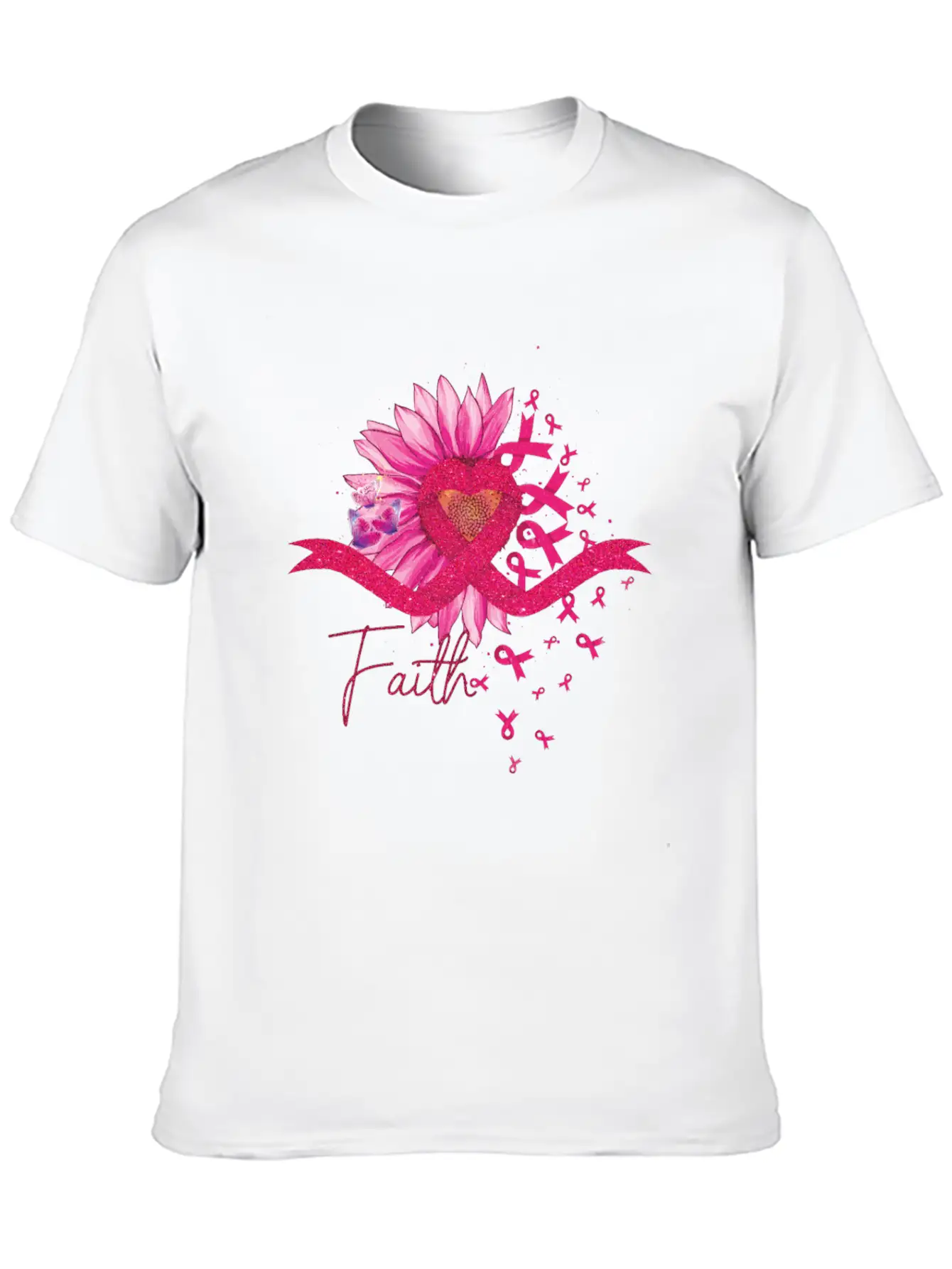 Breast Cancer Awareness Sun Flower Heart Rinbbon Breathable Soft Cotton T-Shirt – Timeless Casual Look