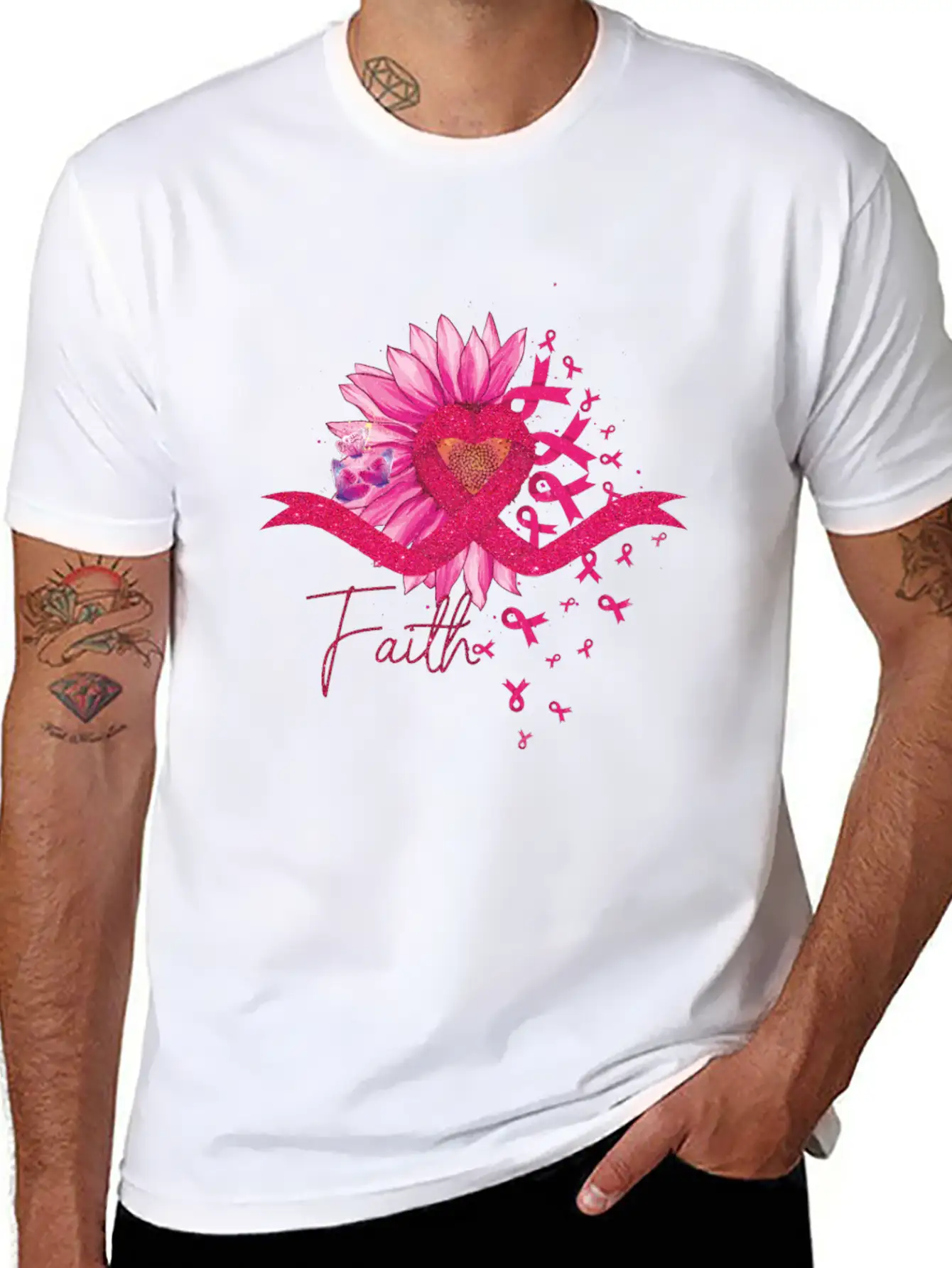 Breast Cancer Awareness Sun Flower Heart Rinbbon Breathable Soft Cotton T-Shirt – Timeless Casual Look