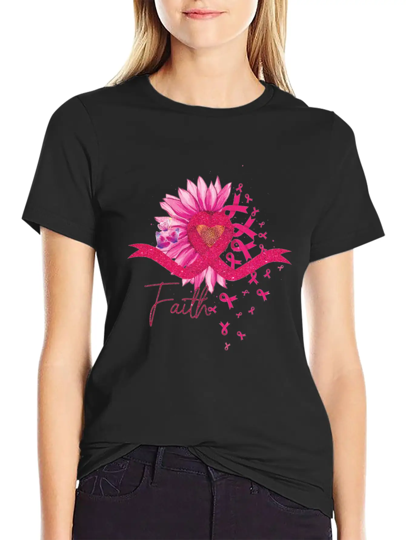 Breast Cancer Awareness Sun Flower Heart Rinbbon Breathable Soft Cotton T-Shirt – Timeless Casual Look