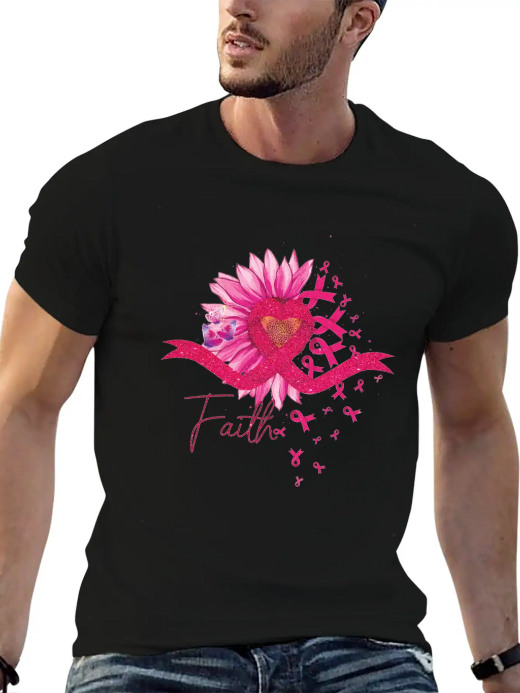 Breast Cancer Awareness Sun Flower Heart Rinbbon Breathable Soft Cotton T-Shirt – Timeless Casual Look
