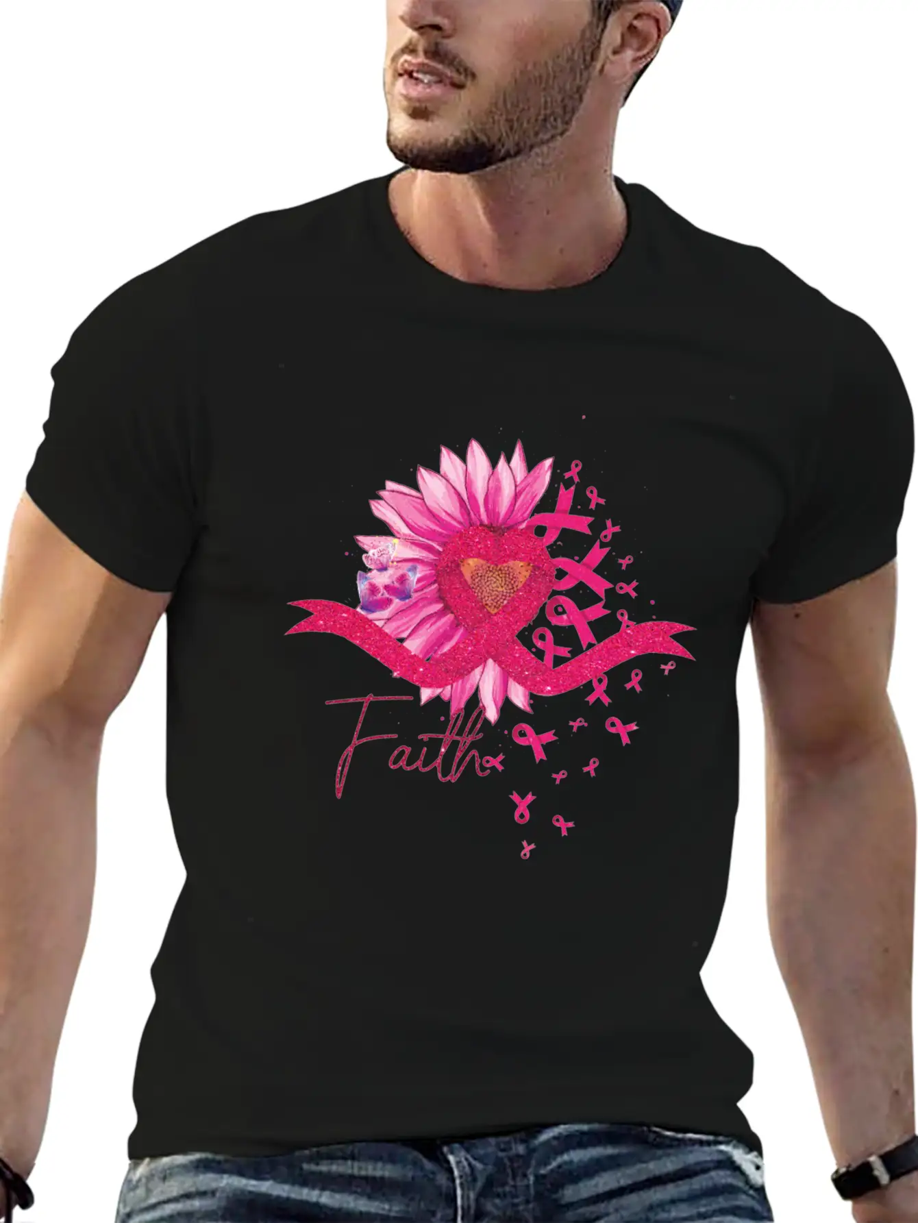 Breast Cancer Awareness Sun Flower Heart Rinbbon Breathable Soft Cotton T-Shirt – Timeless Casual Look