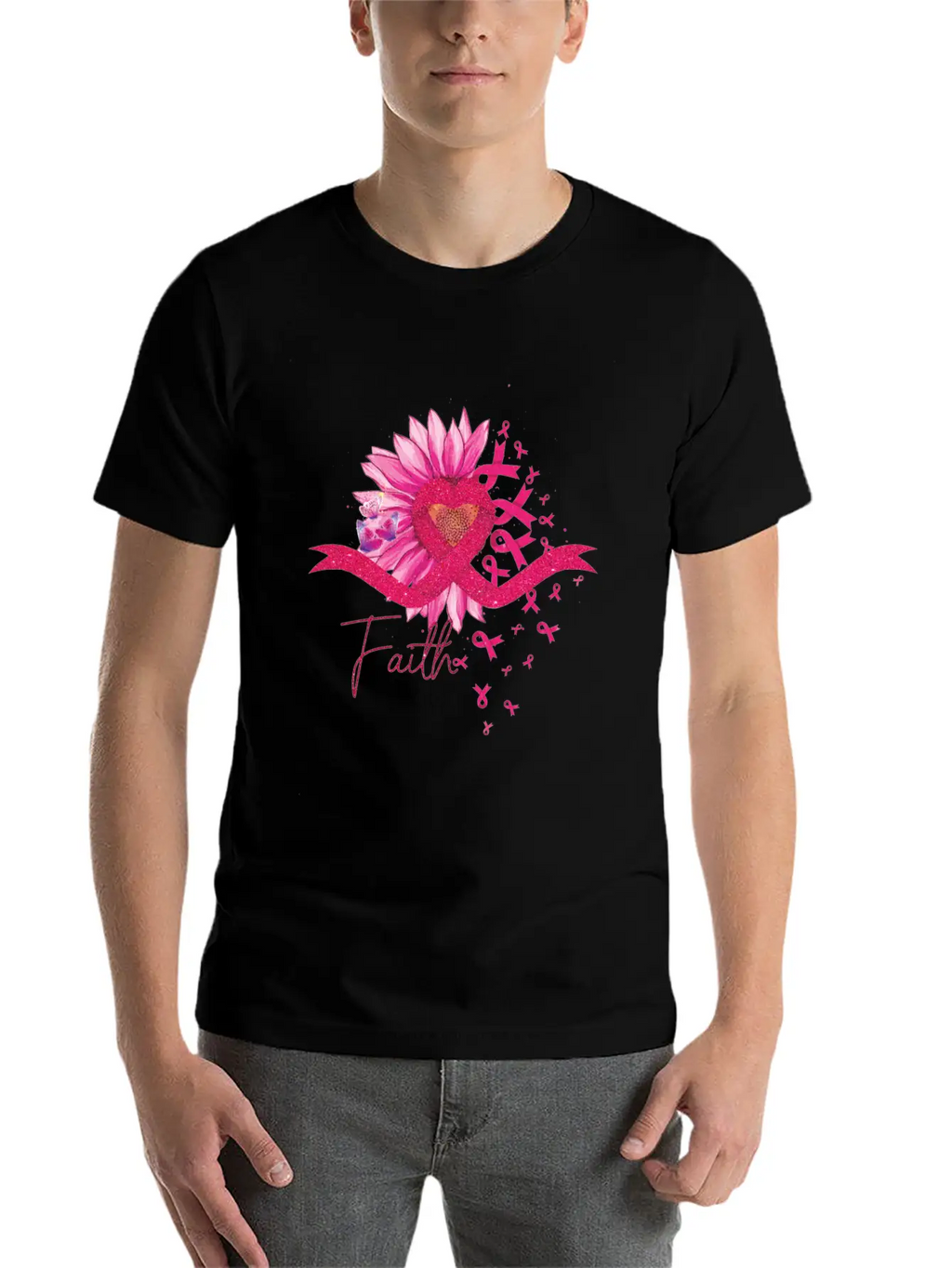 Breast Cancer Awareness Sun Flower Heart Rinbbon Breathable Soft Cotton T-Shirt – Timeless Casual Look