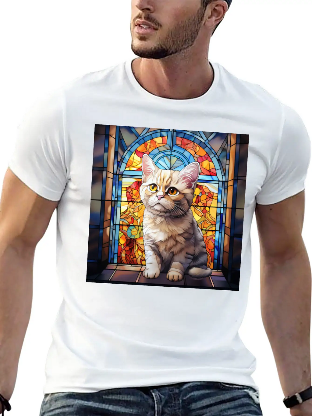 British Shorthair Kitten In Stained Glass Essential Cotton Tee For Daily Outfits – Unisex Style