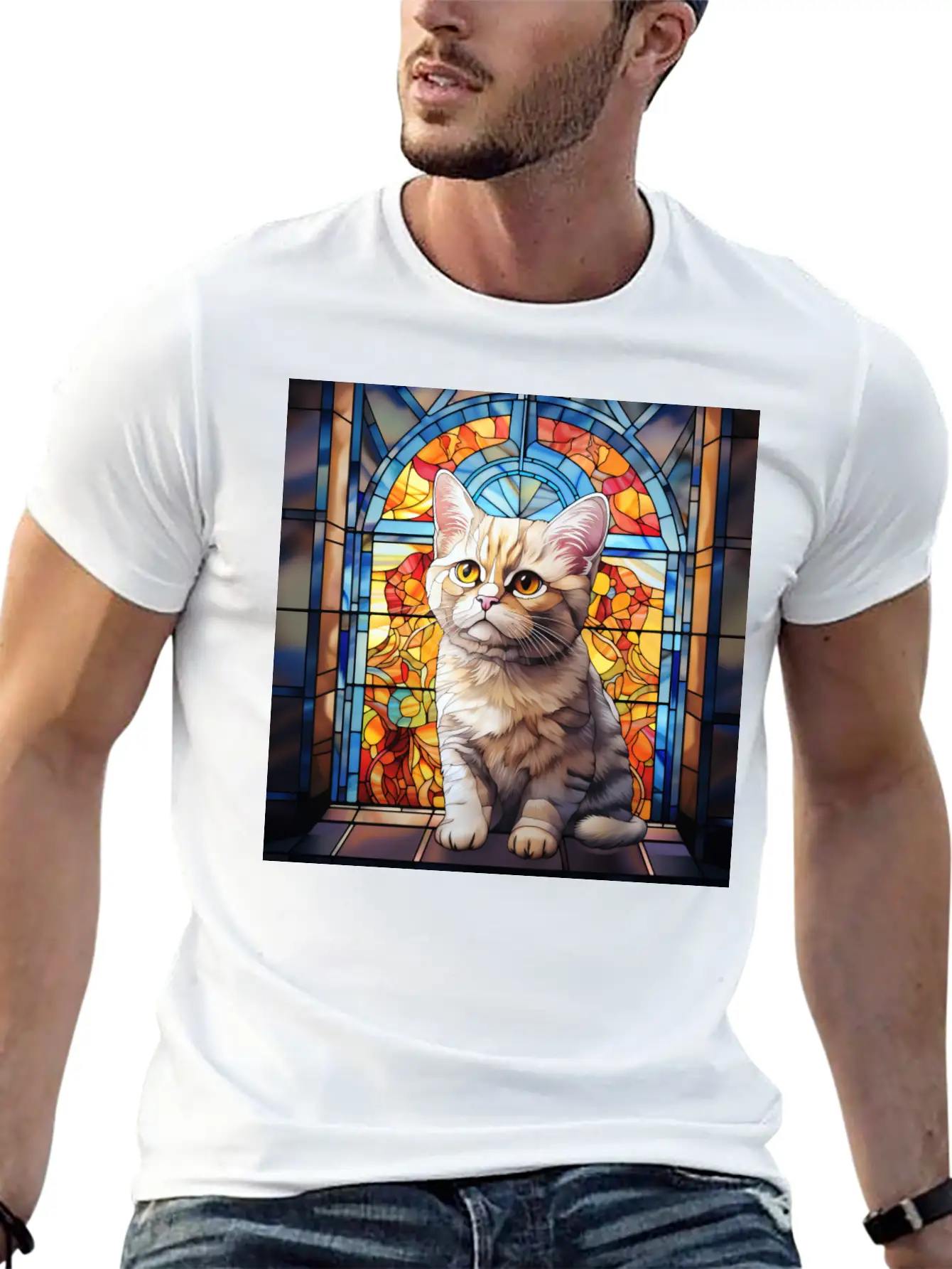 British Shorthair Kitten In Stained Glass Essential Cotton Tee For Daily Outfits – Unisex Style
