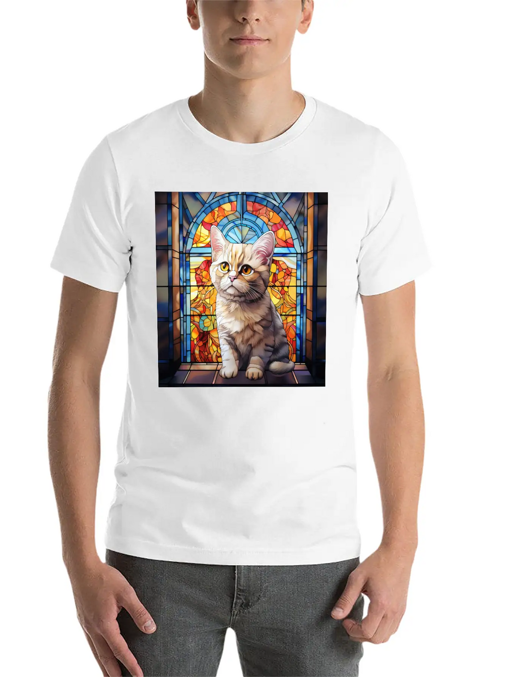 British Shorthair Kitten In Stained Glass Essential Cotton Tee For Daily Outfits – Unisex Style