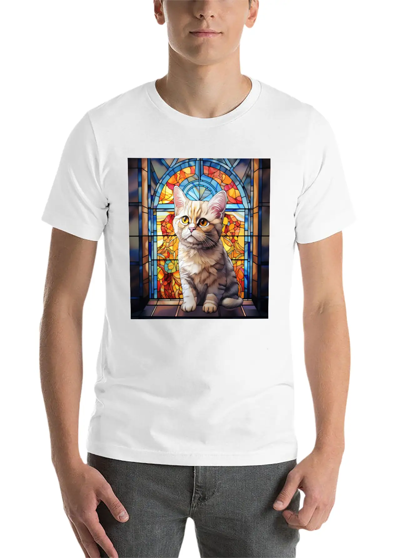 British Shorthair Kitten In Stained Glass Essential Cotton Tee For Daily Outfits – Unisex Style