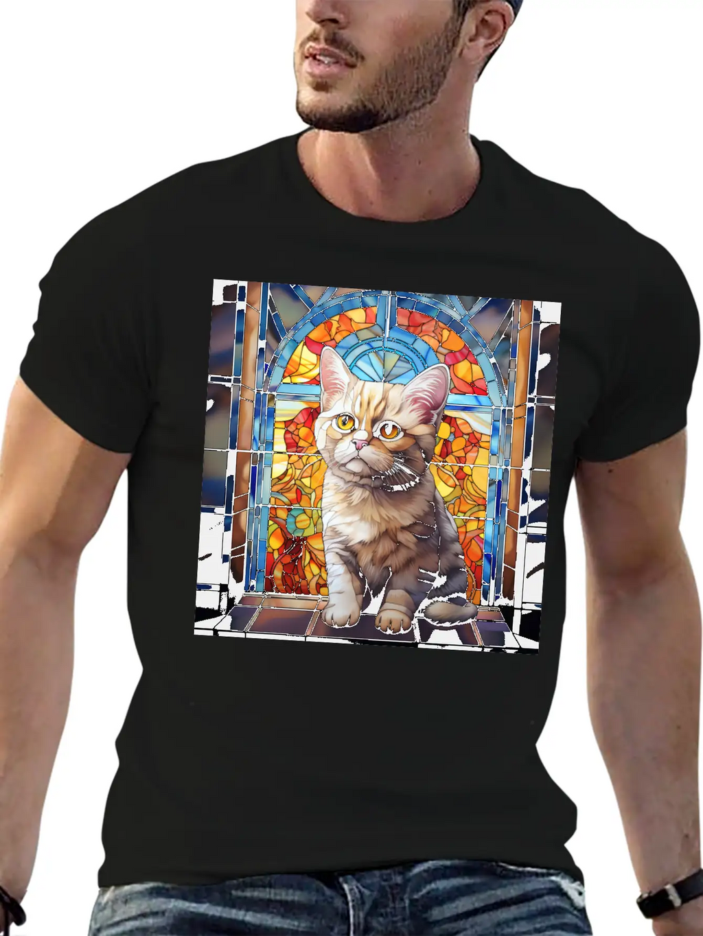 British Shorthair Kitten In Stained Glass Essential Cotton Tee For Daily Outfits – Unisex Style