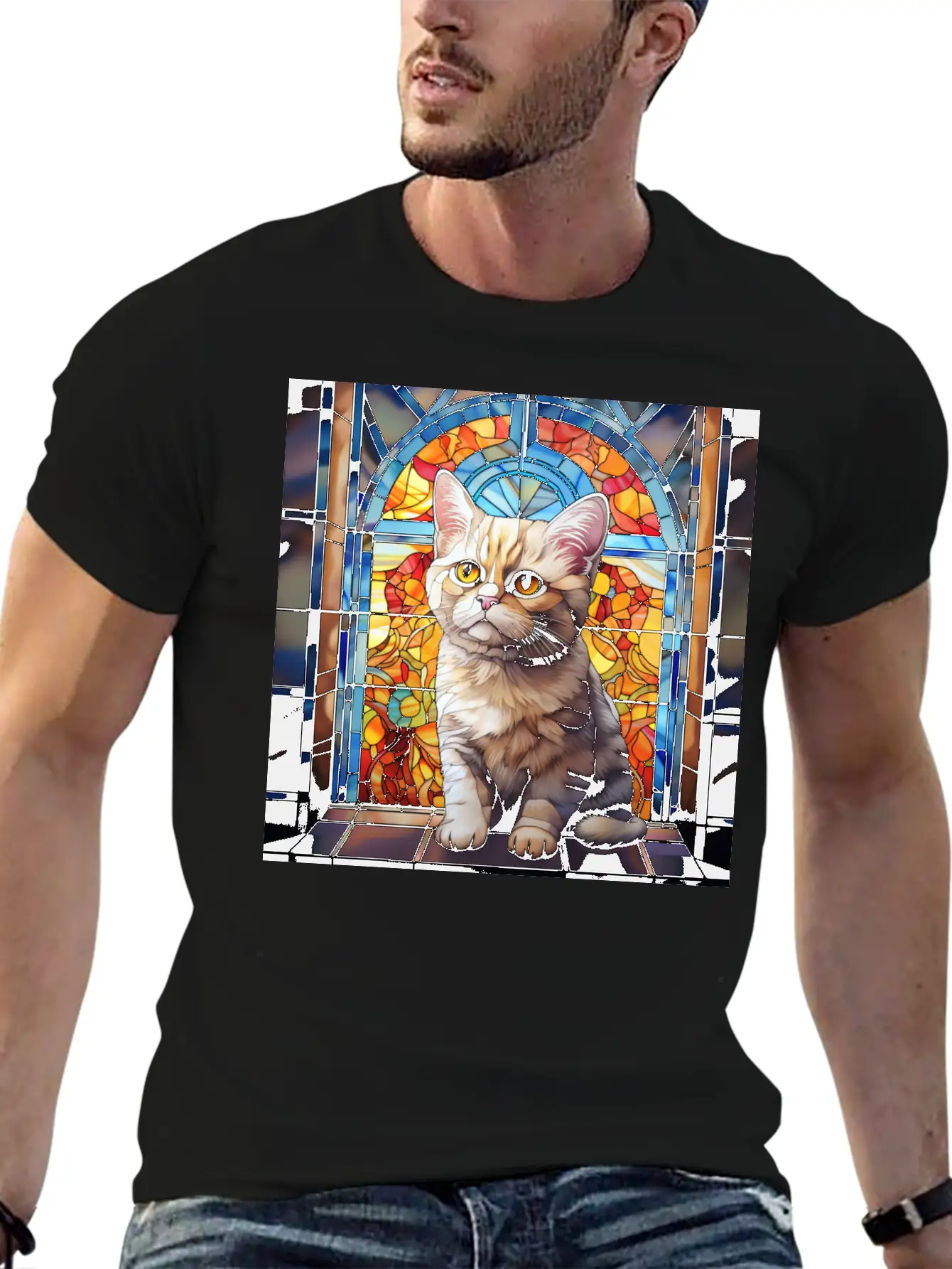 British Shorthair Kitten In Stained Glass Essential Cotton Tee For Daily Outfits – Unisex Style
