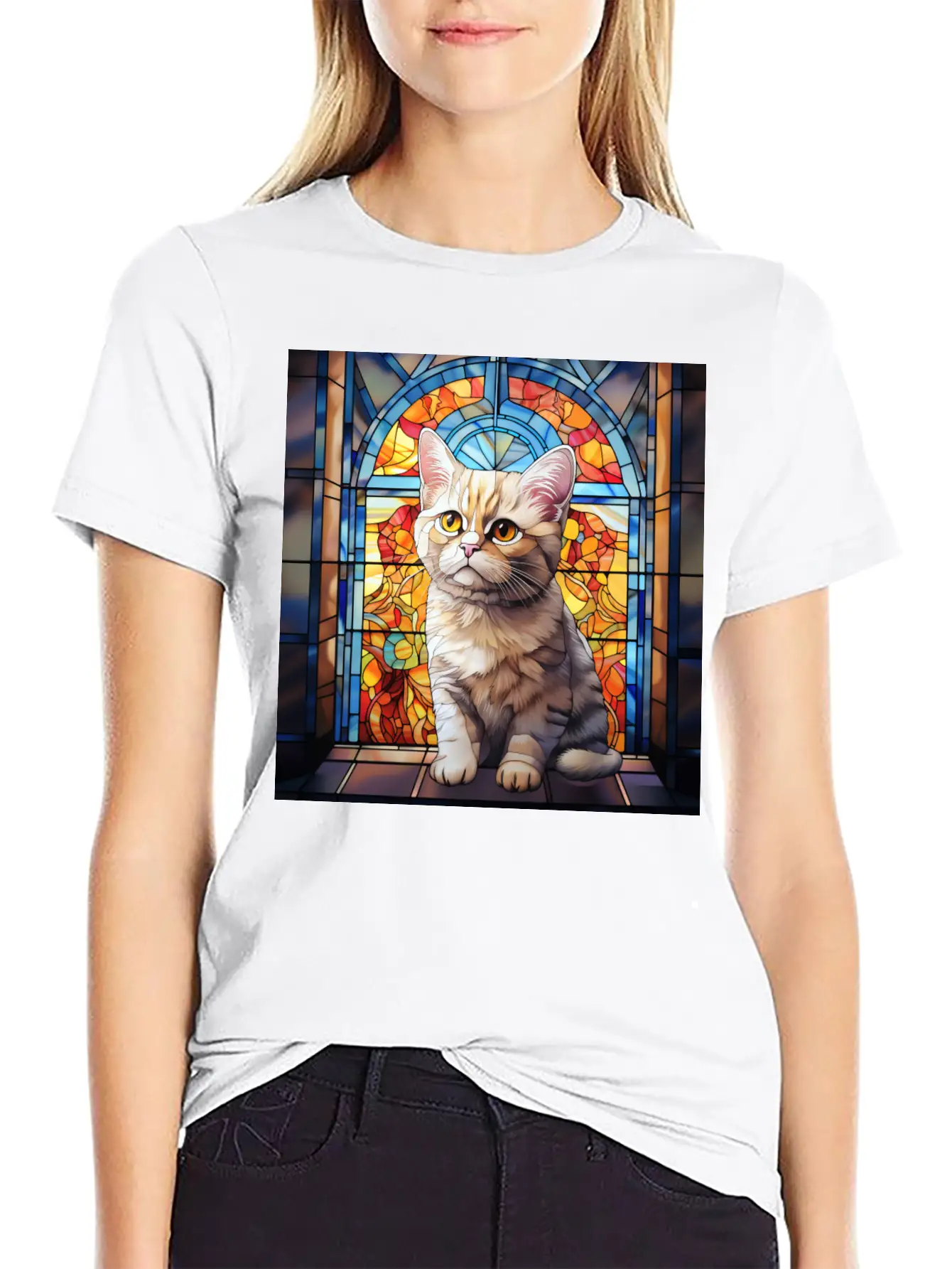 British Shorthair Kitten In Stained Glass Essential Cotton Tee For Daily Outfits – Unisex Style