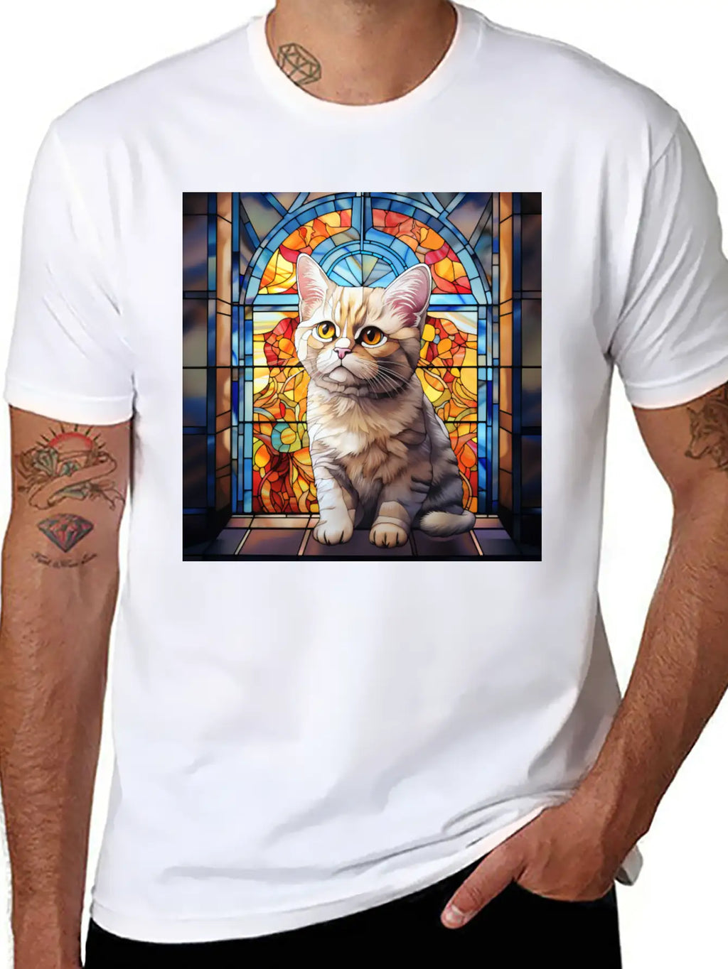 British Shorthair Kitten In Stained Glass Essential Cotton Tee For Daily Outfits – Unisex Style