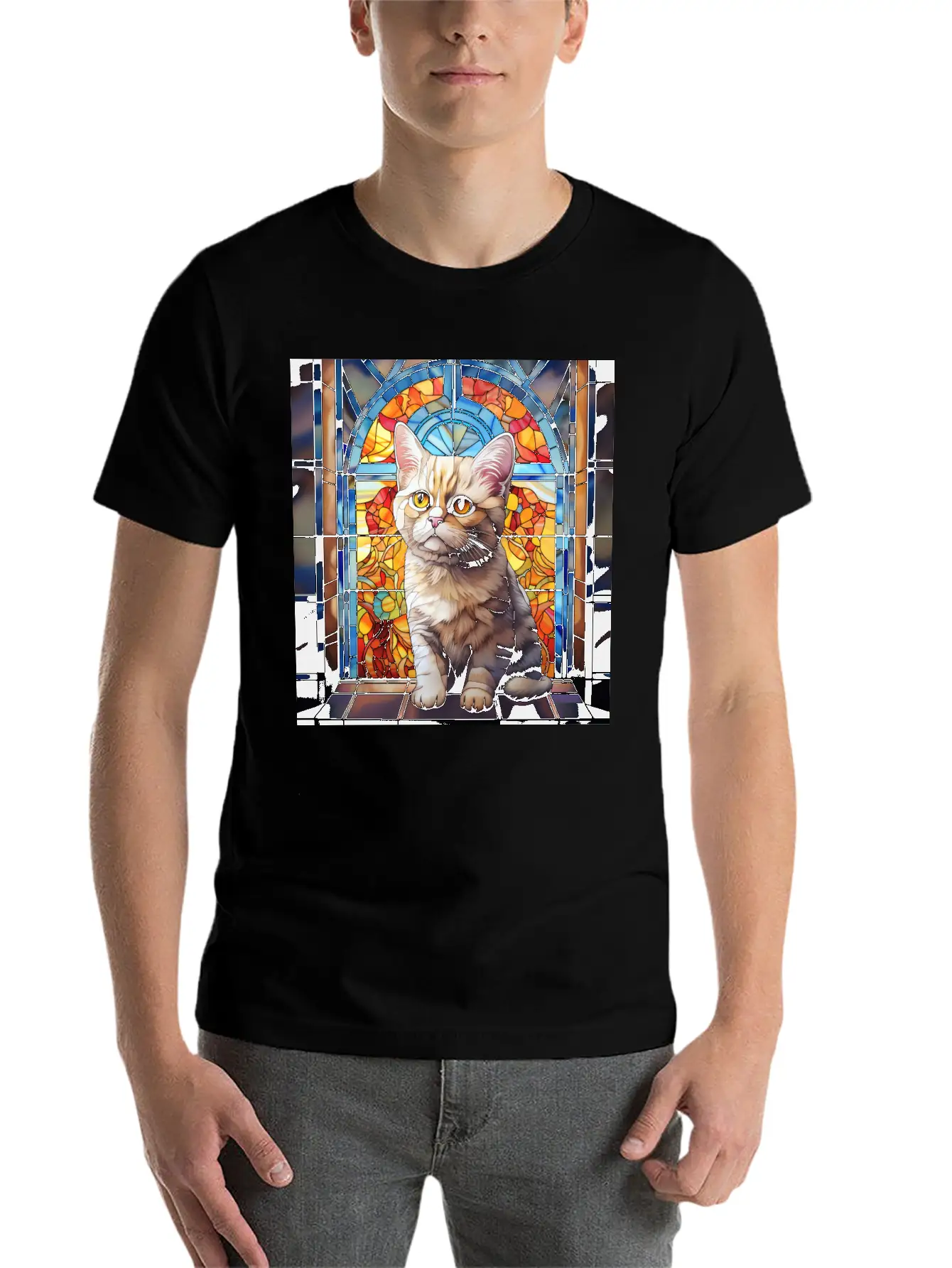 British Shorthair Kitten In Stained Glass Essential Cotton Tee For Daily Outfits – Unisex Style