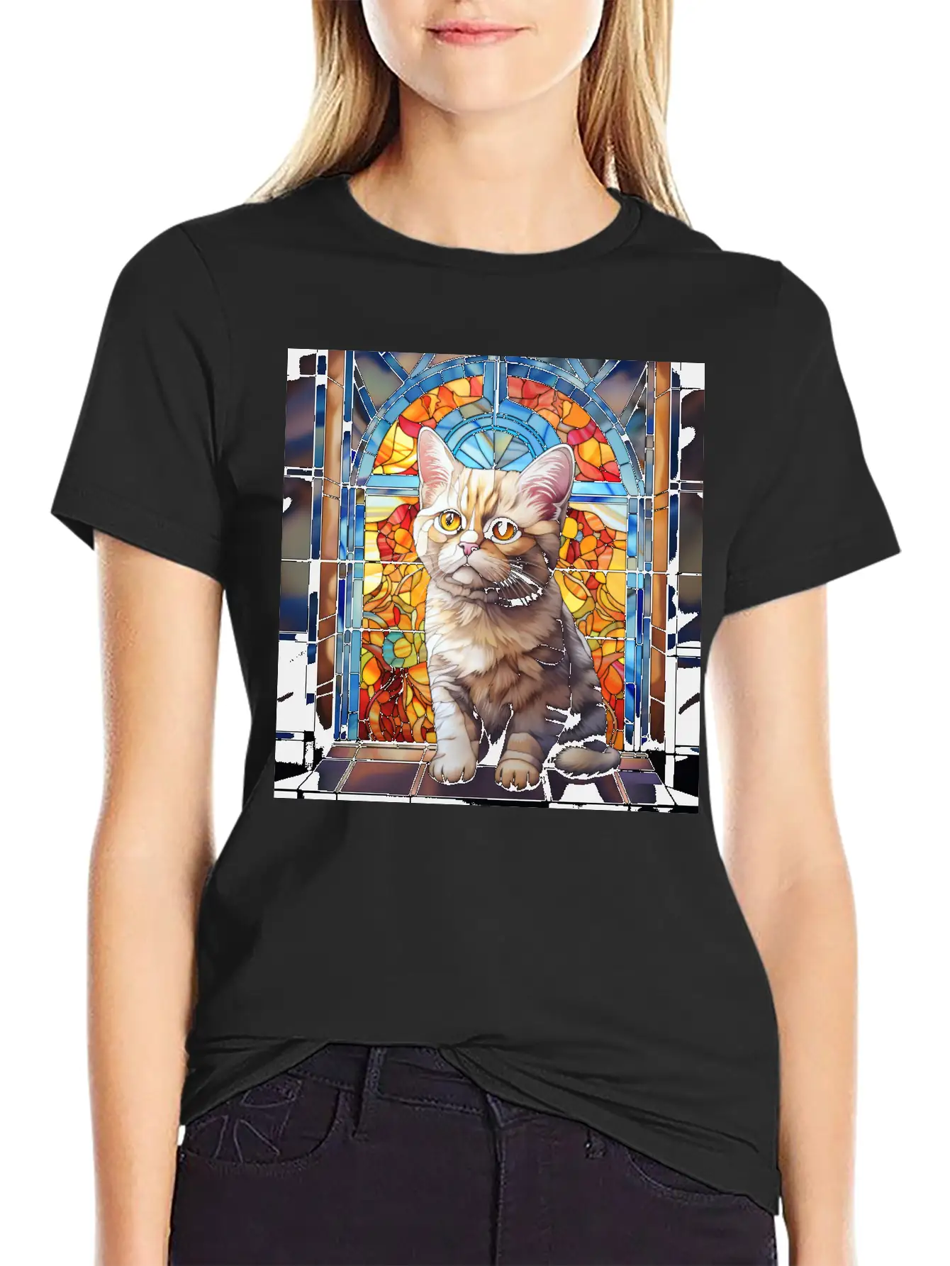 British Shorthair Kitten In Stained Glass Essential Cotton Tee For Daily Outfits – Unisex Style